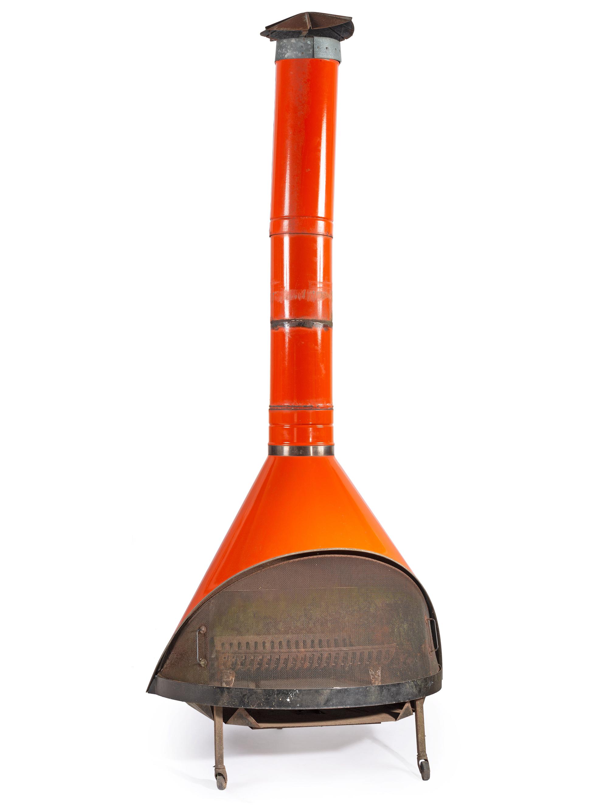 A Mid-Century Modern Orange Enamel Freestanding Fireplace