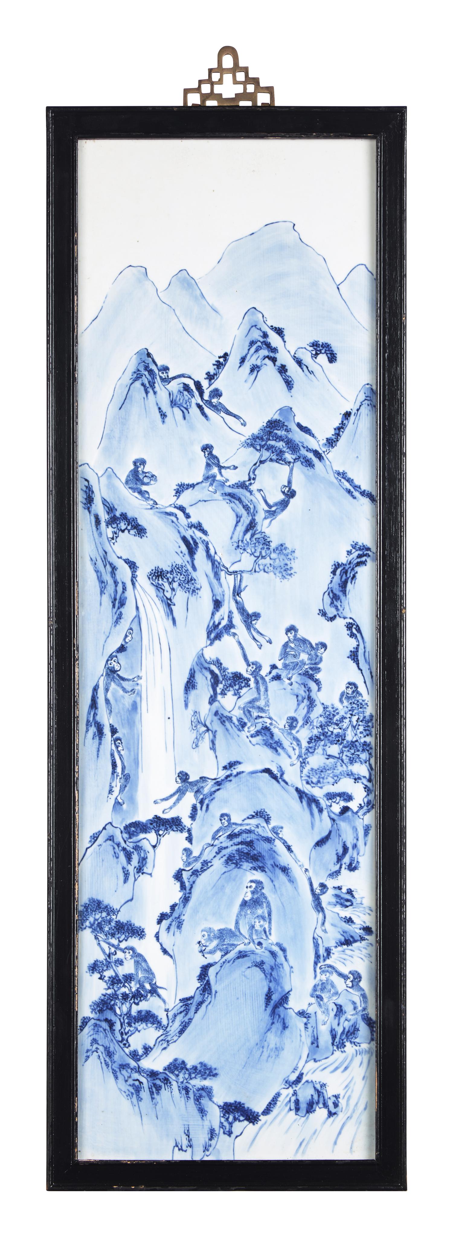 A Set of Four Chinese Blue and White Porcelain Wall Plaques 青花山水圖四條屏