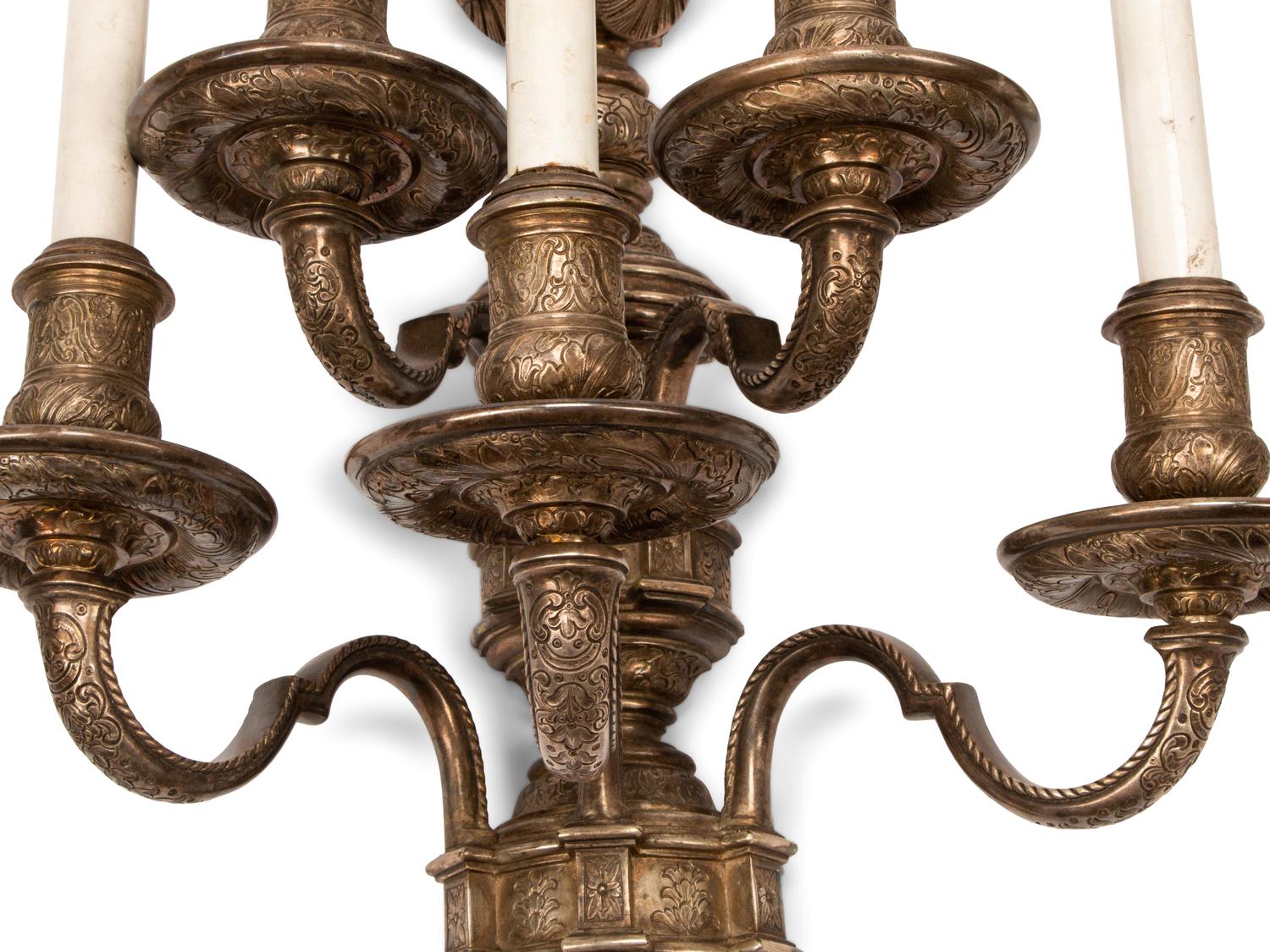 A Pair of Napoleon III Style Silvered Bronze Five-Light Sconces