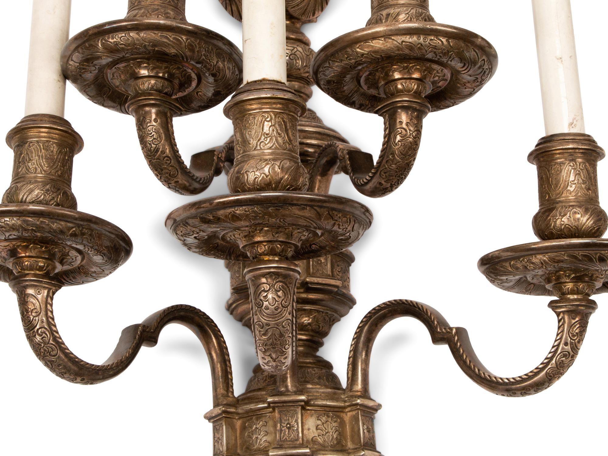 A Pair of Napoleon III Style Silvered Bronze Five-Light Sconces