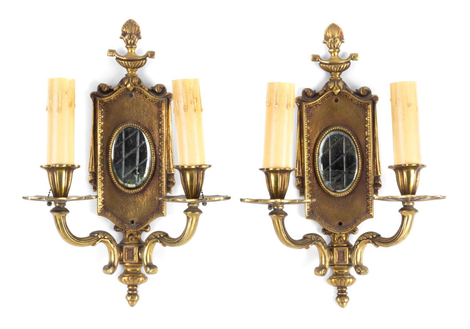 A Pair of Gilt Metal Sconces Height 14 inches.