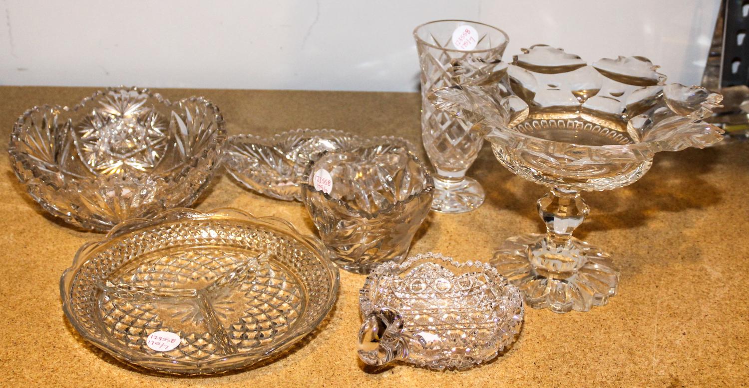 Seven Cut Glass Table Articles. Height of tallest 6 3/4 inches.