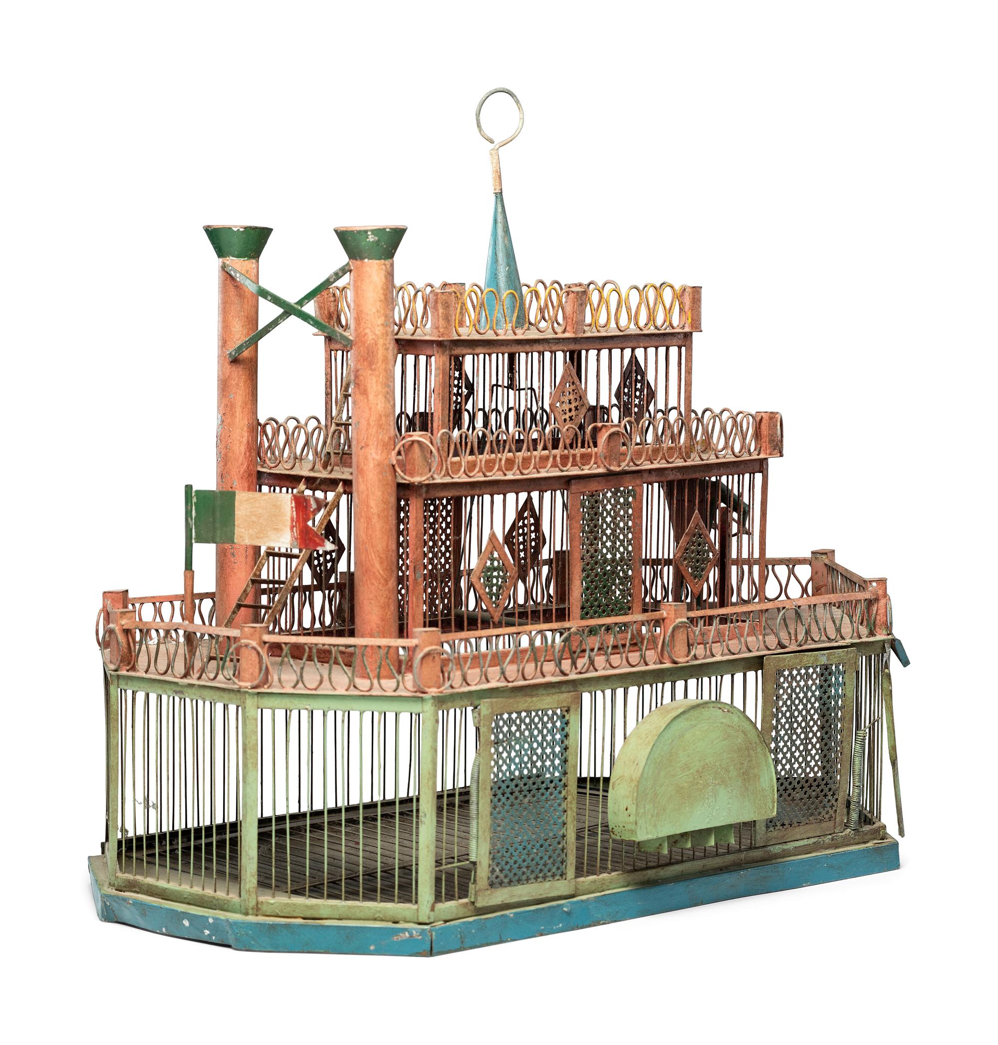 A Painted Sheet Metal and Wire Steamboat Form Birdcage