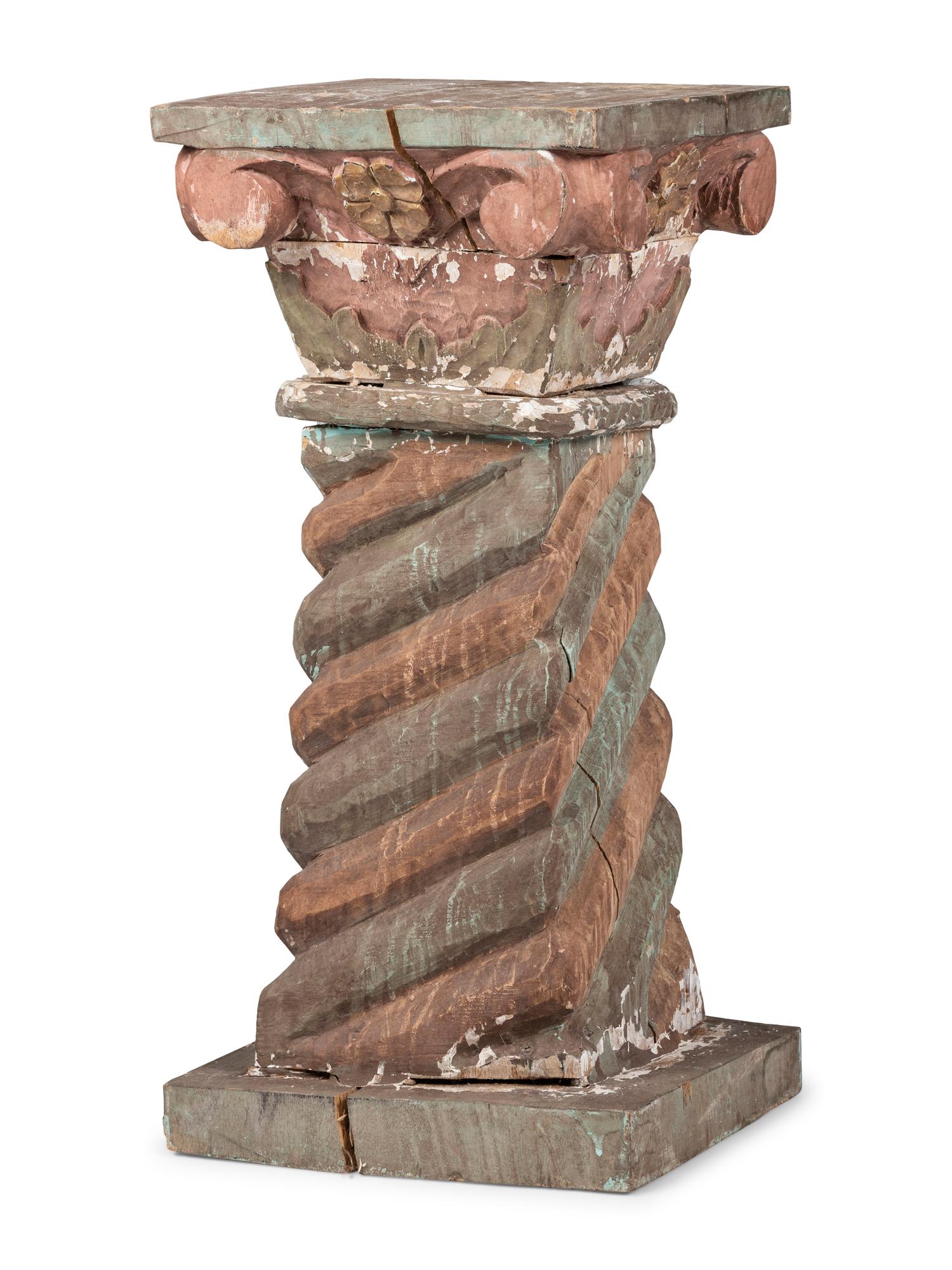 A Primitive Painted Wood Spiral-Twist Carved Pedestal