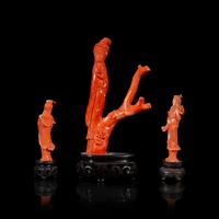 Three Chinese Red Coral Figures, 20th Century 近代 珊瑚雕美人擺件三件