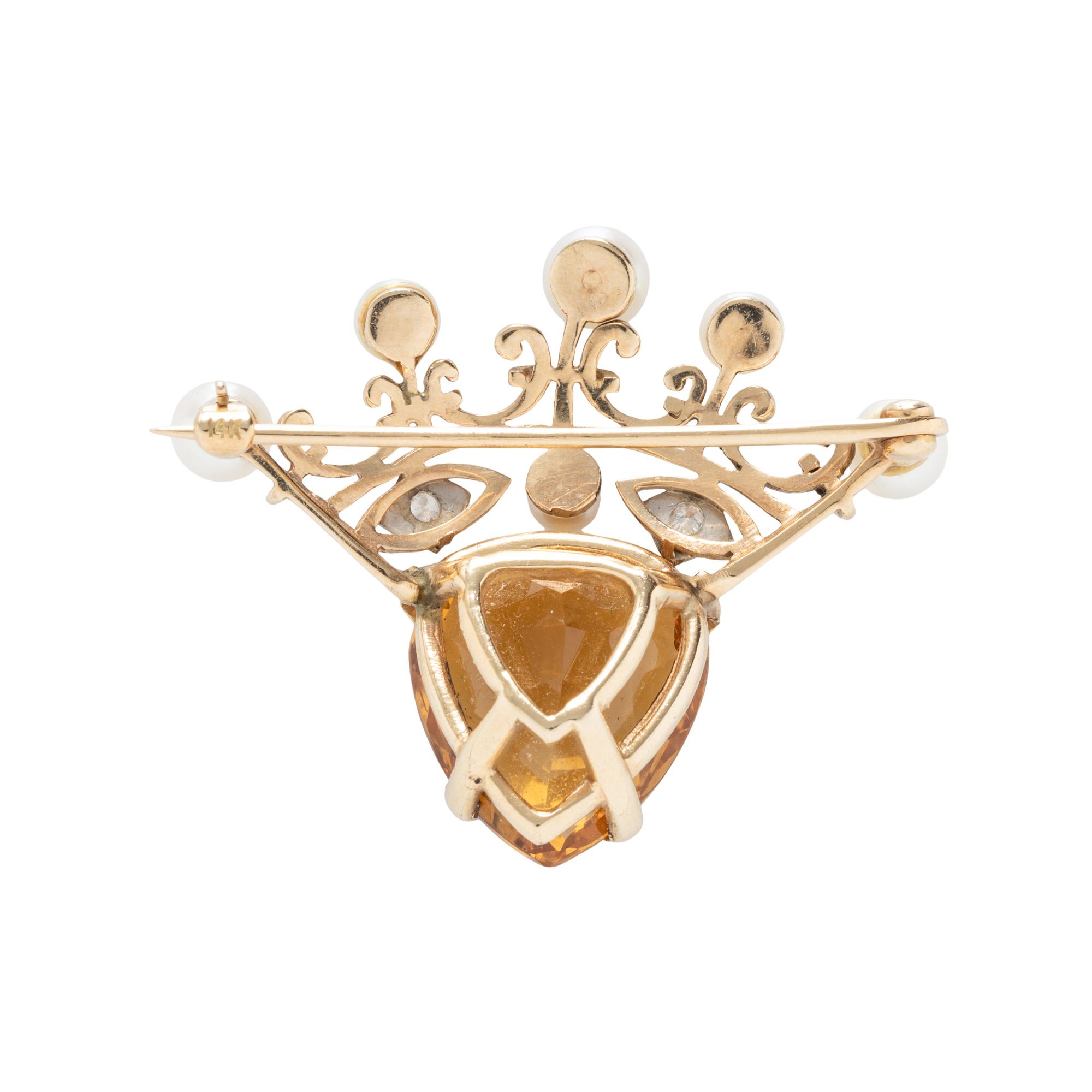CITRINE AND CULTURED PEARL CROWN BROOCH