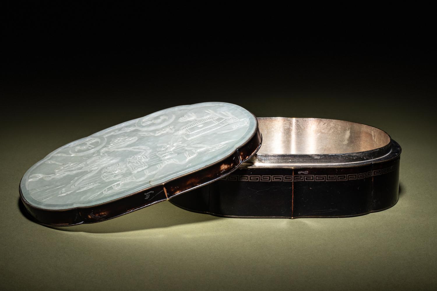 A White Jade Mounted Lacquered Silvered Metal Box and Cover