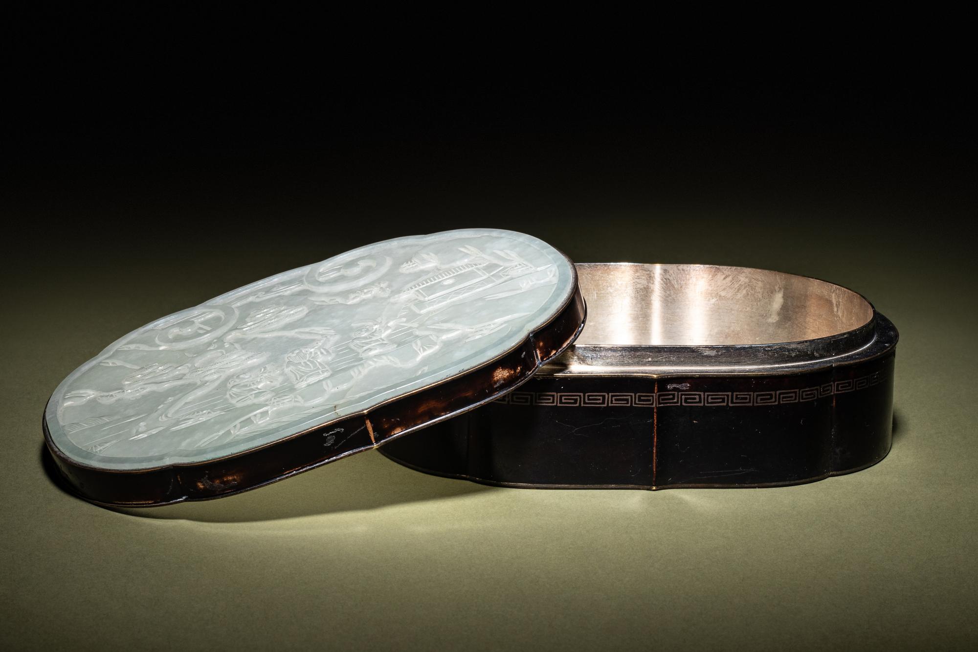 A White Jade Mounted Lacquered Silvered Metal Box and Cover