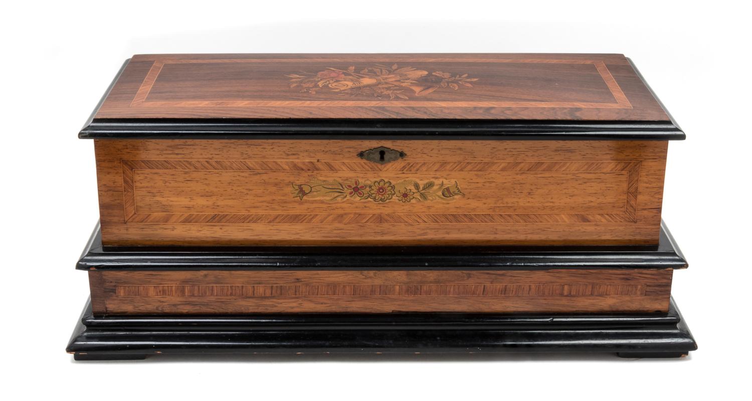 A Continental Marquetry Cylinder Music Box Height 10 x width 25 x depth 11 1/2 inches. — 19TH CENTURY