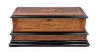 A Continental Marquetry Cylinder Music Box Height 10 x width 25 x depth 11 1/2 inches. — 19TH CENTURY