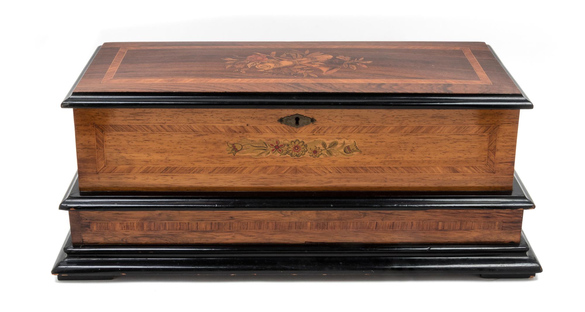 A Continental Marquetry Cylinder Music Box Height 10 x width 25 x depth 11 1/2 inches. — 19TH CENTURY