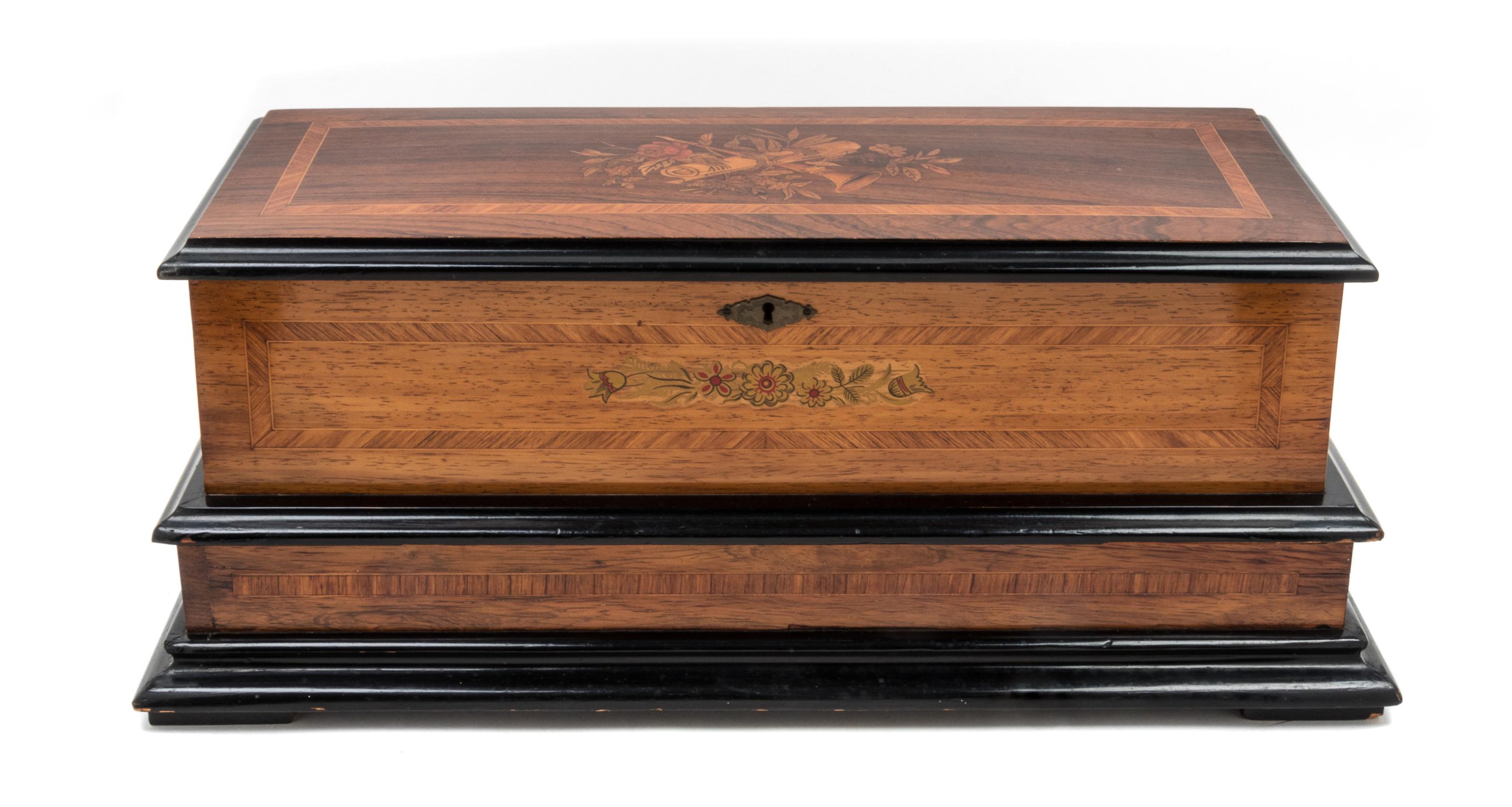 A Continental Marquetry Cylinder Music Box Height 10 x width 25 x depth 11 1/2 inches. — 19TH CENTURY