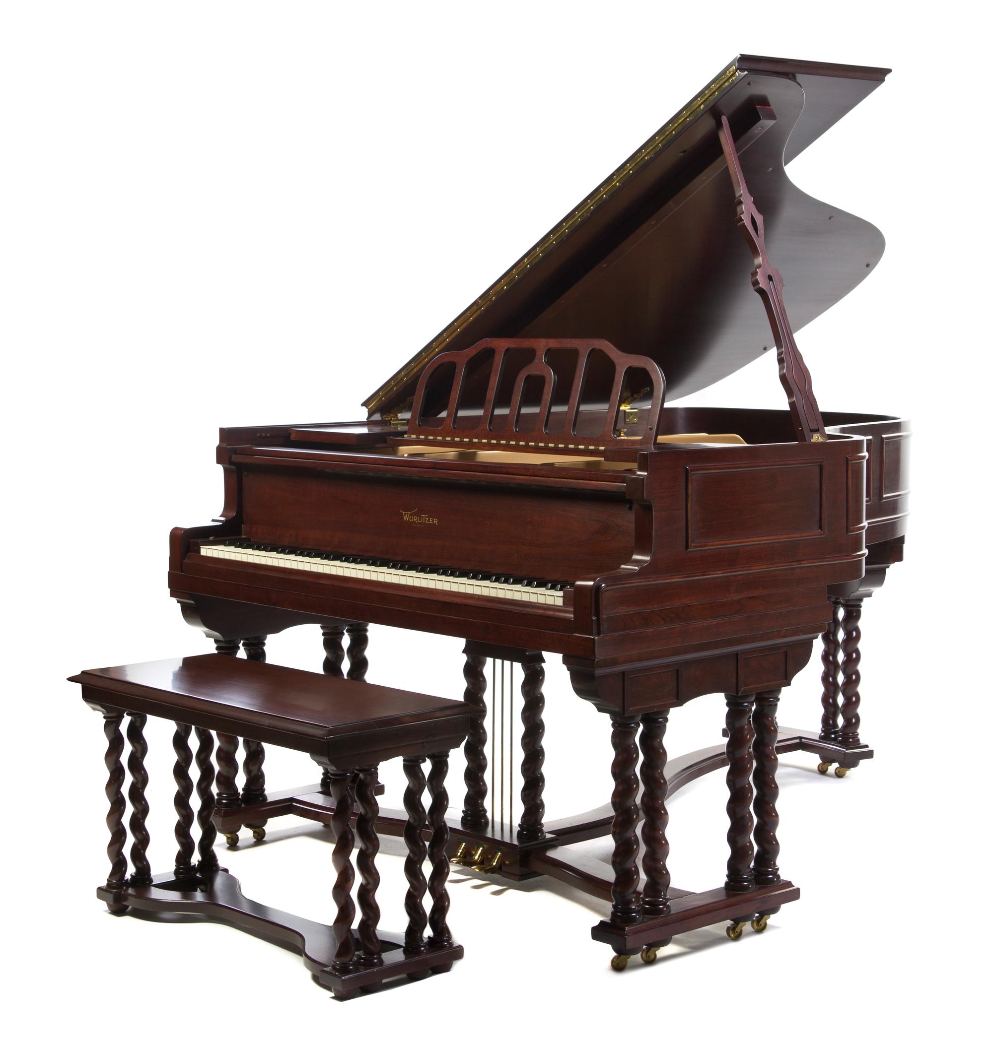 A Wurlitzer Jacobean Style Grand Piano, Height 39 1/2 x width 56 1/4 x depth 74 inches.