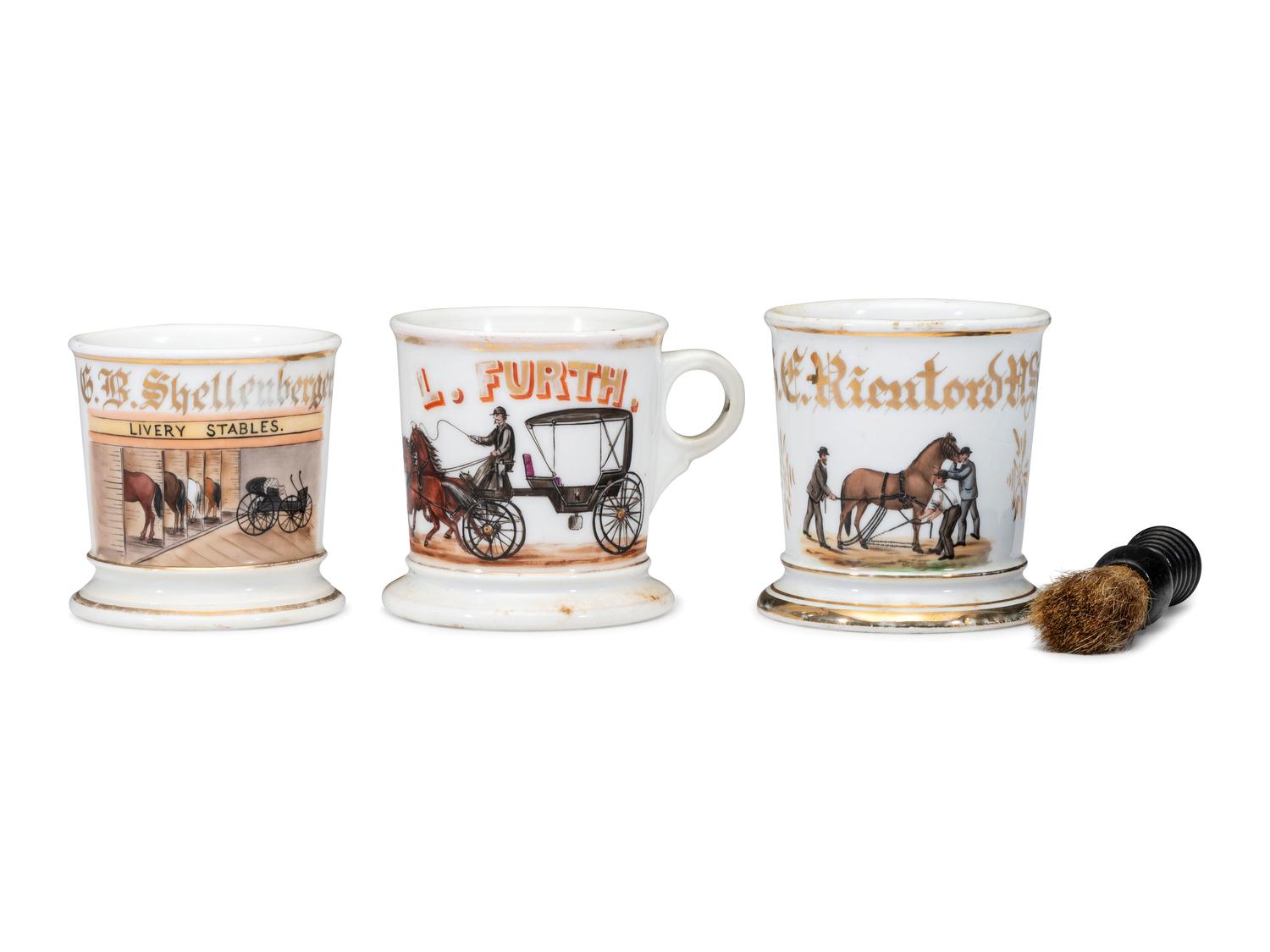 Three Equestrian Porcelain Occupational Shaving Mugs