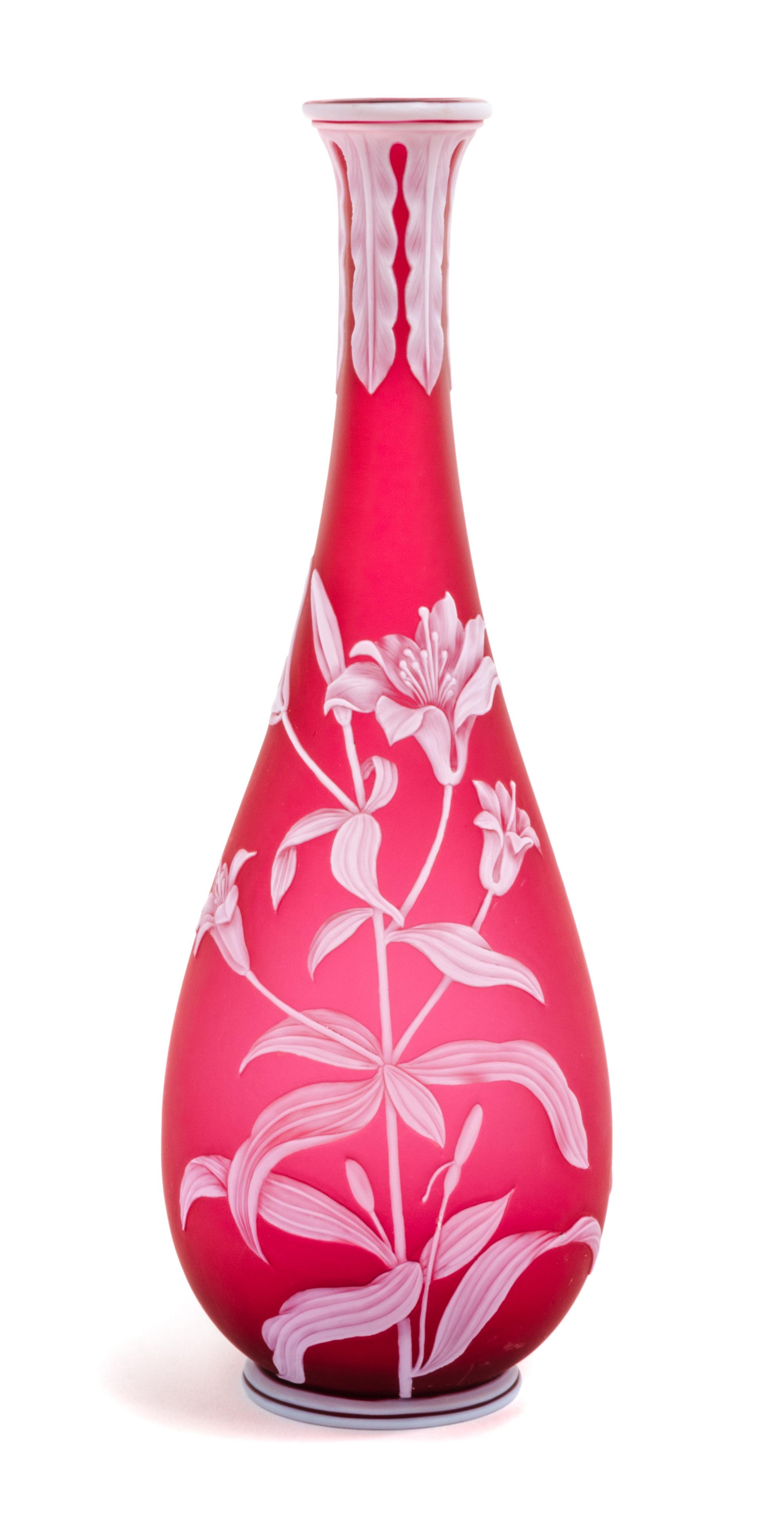 English, LATE 19TH CENTURY, a cameo glass vase, of tapering bottle form, the front decorated with flowers, the back with three insects