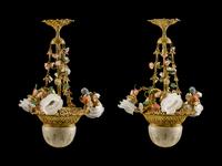 A Pair of Louis XV Style Gilt-Bronze and Porcelain Four-Light Chandeliers