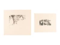 MOSER, Barry. Williston Tree 2. [ca 1979]. 372 x 408 mm. Etching. Captioned and signed in pencil, numbered 10/26. — Scatalogical Landscape. [ca 1979???]. 280 x 329 mm. Triptych on one sheet of separate etchings in dark green ink. Captioned and signed by Moser, inscribed “artist’s proof.”