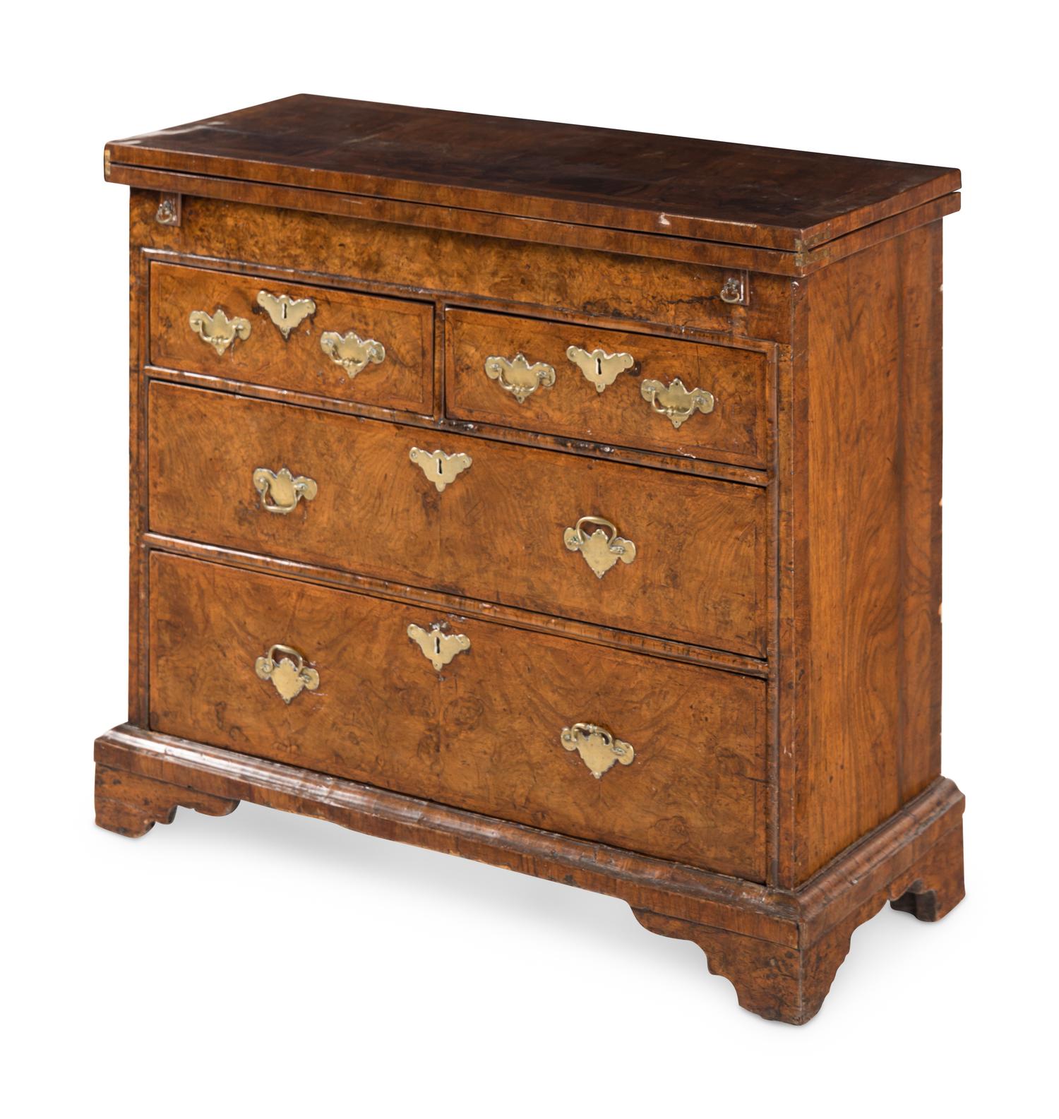 A Queen Anne Feather-Banded Burl Walnut Flip-Top Bachelor's Chest