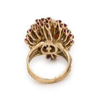 Coral, Ruby, Diamond, and Yellow Gold Ring