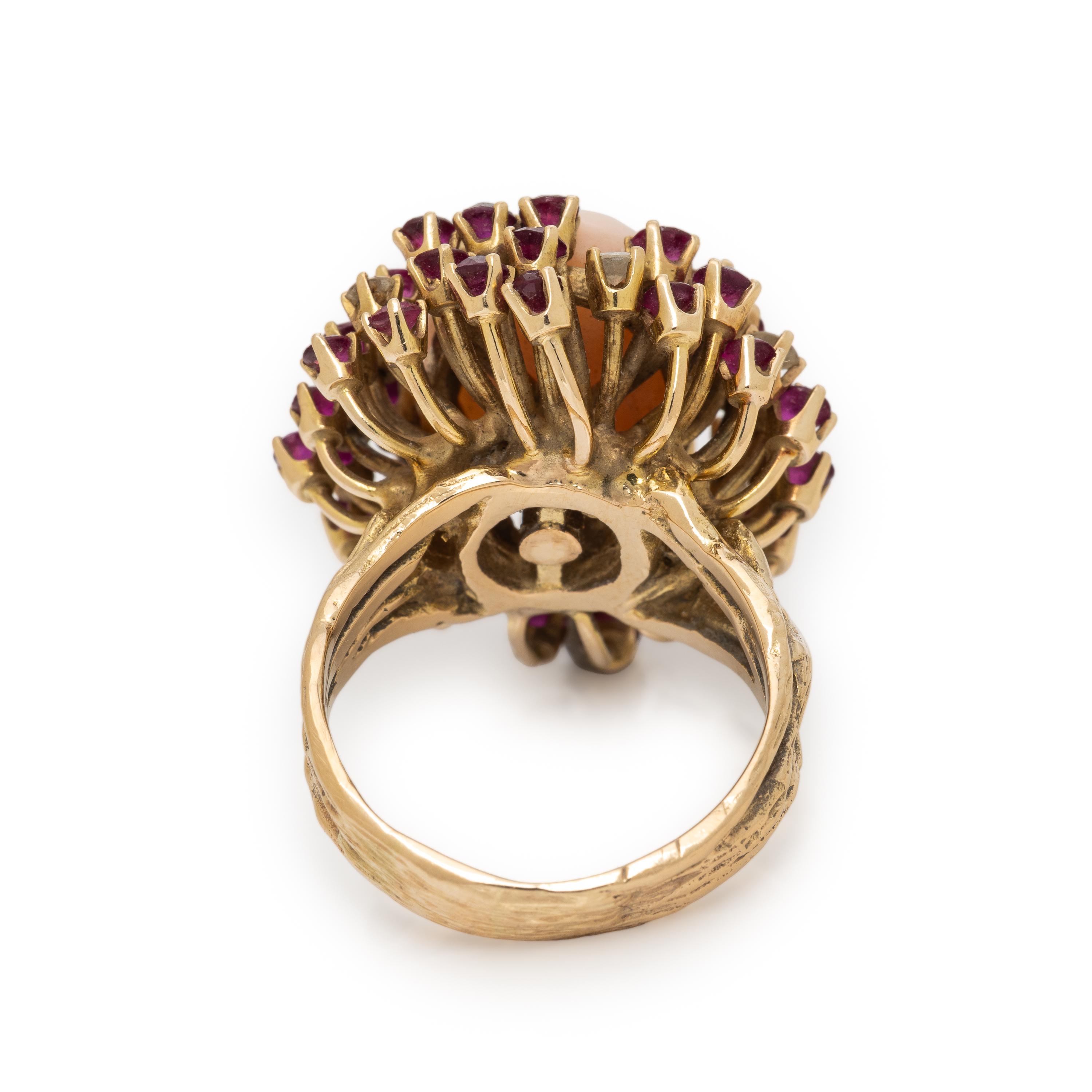 Coral, Ruby, Diamond, and Yellow Gold Ring