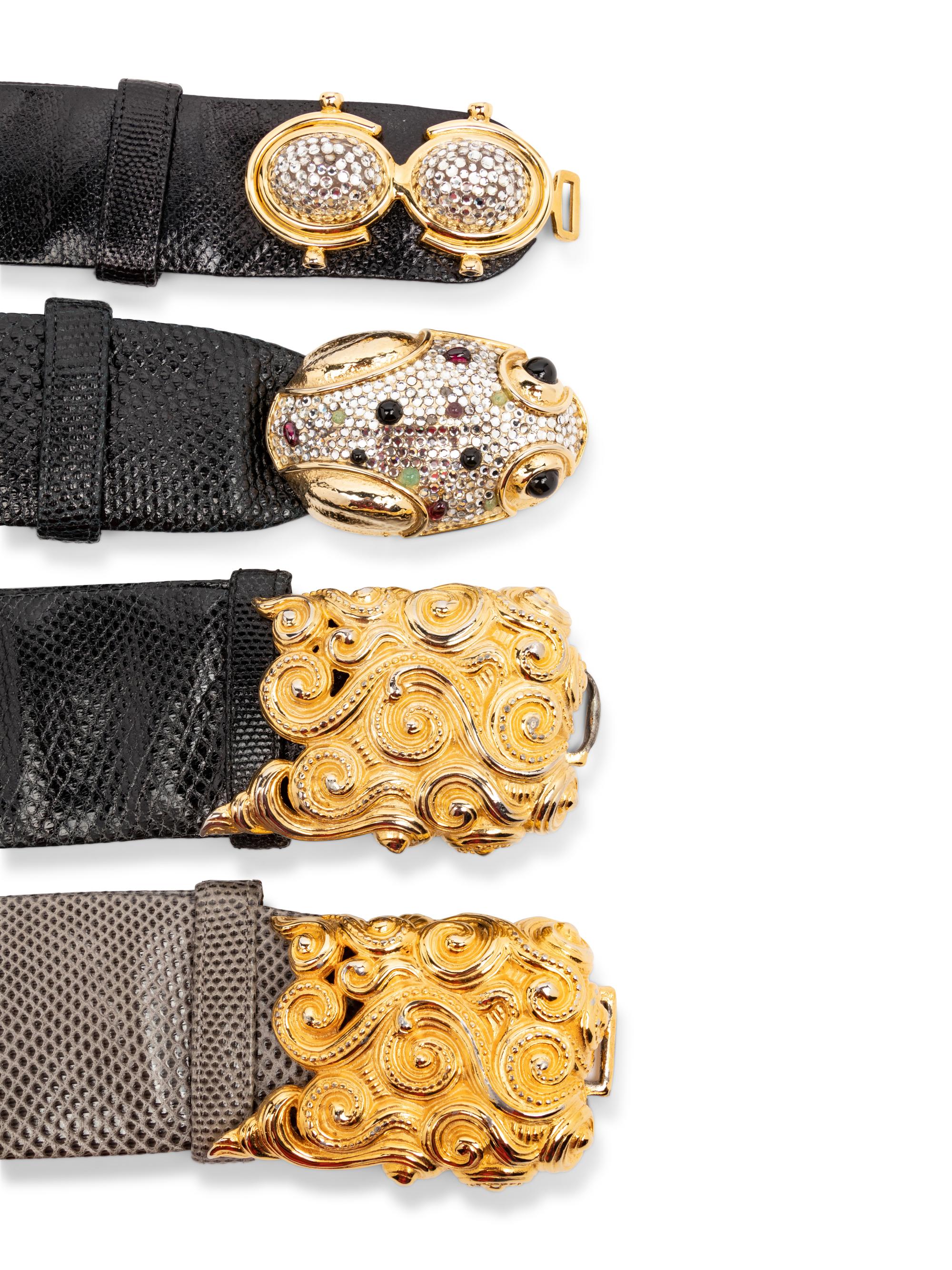 Judith Leiber Snakeskin Clutch and Four Snakeskin Belts, 1980-90s