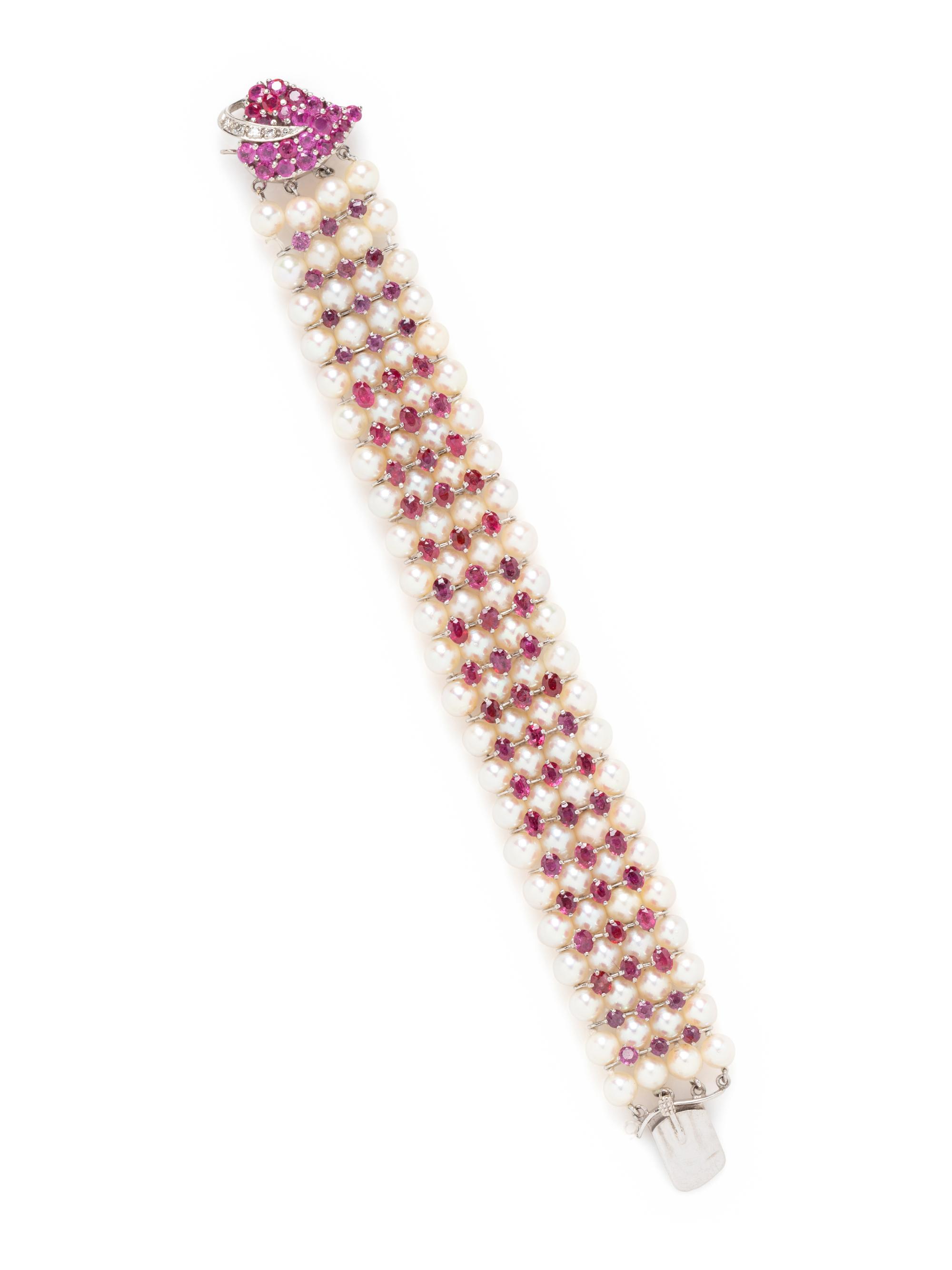 CULTURED PEARL, RUBY AND DIAMOND BRACELET