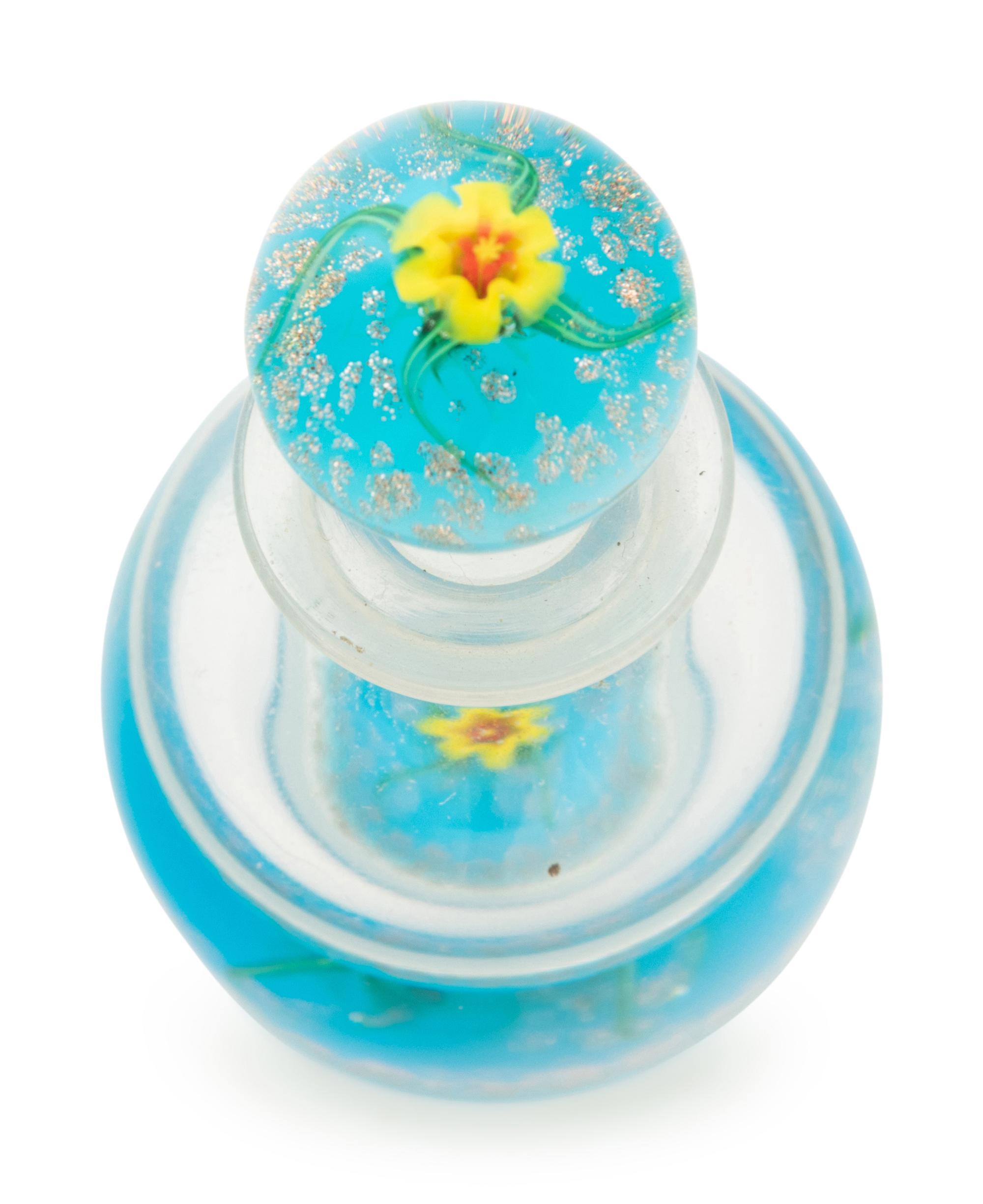 A Charles Kaziun Jr. Yellow Tiger Lily on Blue Aventurine Ground Miniature Glass Perfume Bottle with Stopper