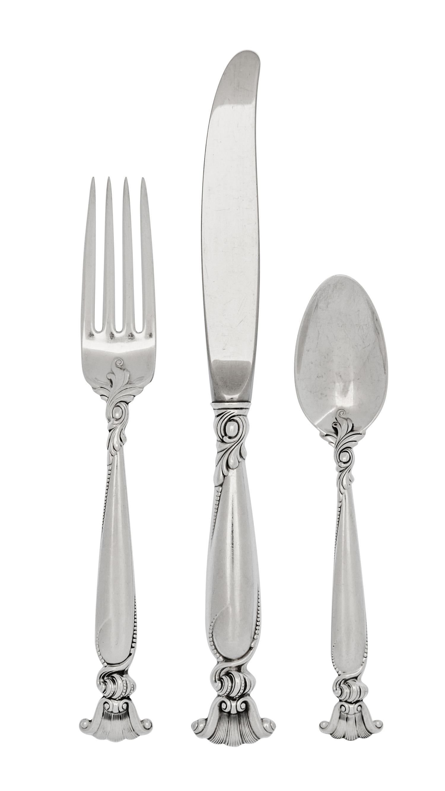 An American Silver Flatware Service, R. Wallace & Sons Mfg Co., Wallingford, CT, Romance of the Sea pattern, comprising: 14 dinner fork
