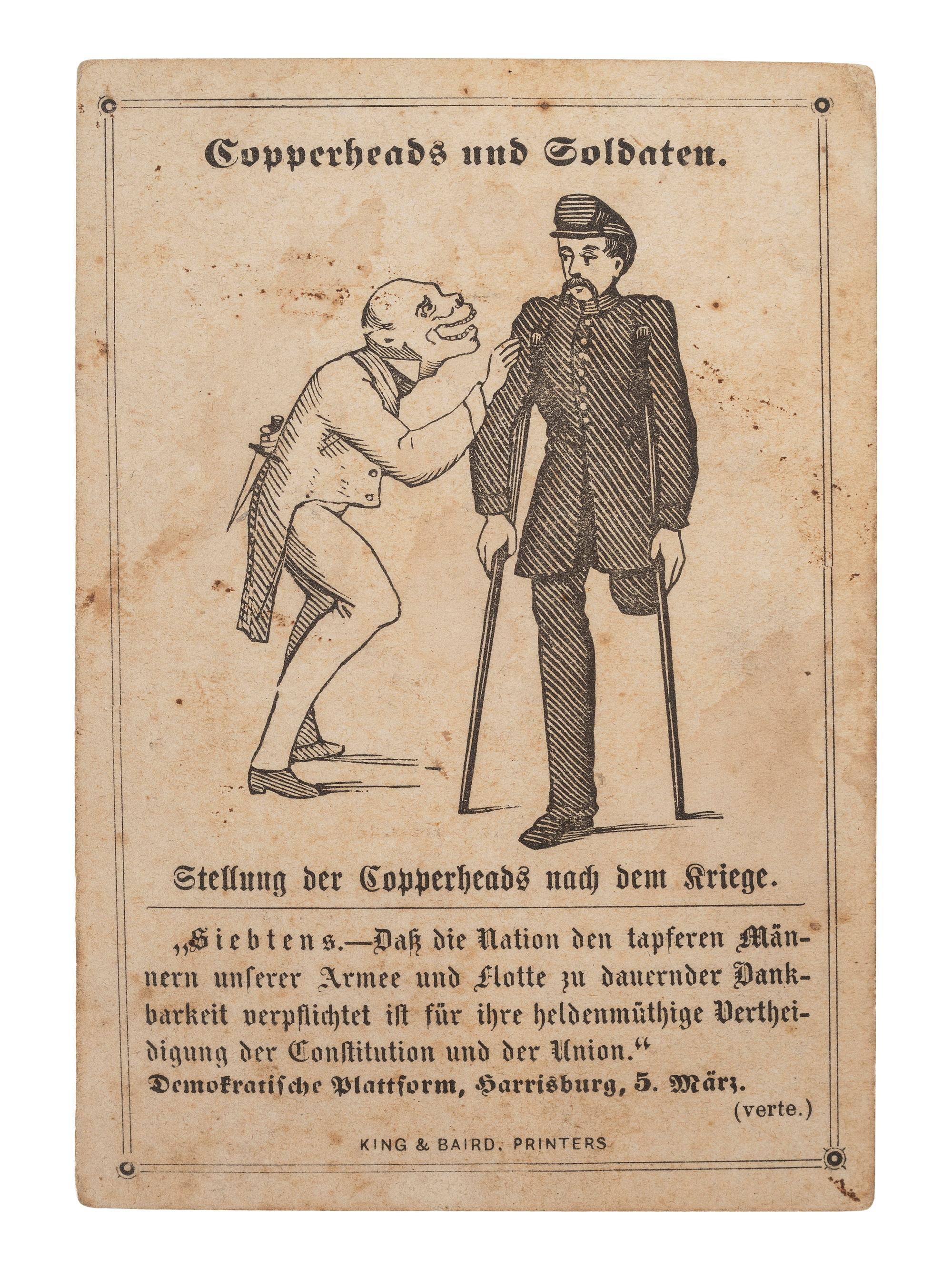 [CIVIL WAR]. German political cartoon lambasting Copperheads. Copperheads und Soldaten [Copperheads and Soldiers]. Philadelphia: King & Baird, ca 1860s.