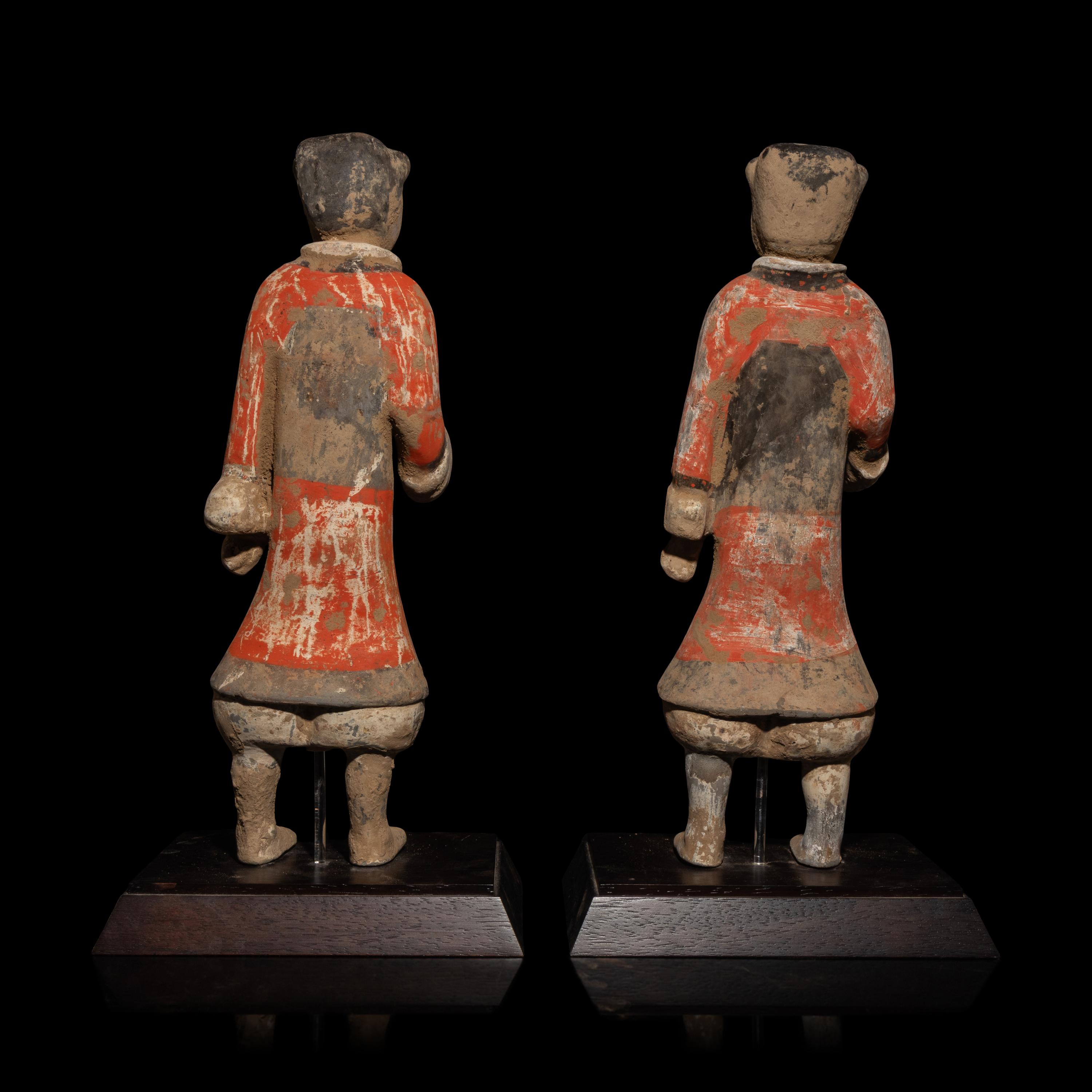 A Pair of Chinese Painted Grey Pottery Standing Figures of Soldiers, Han Dynasty — 漢 彩繪步兵陶俑兩件