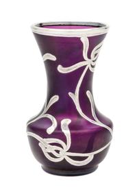 A Silver Overlay Glass Vase, manner of Loetz Height 4 inches.