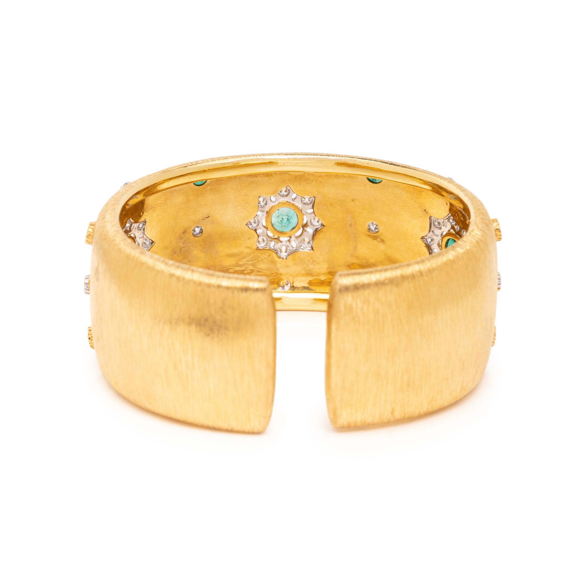 YELLOW GOLD, EMERALD AND DIAMOND CUFF BRACELET