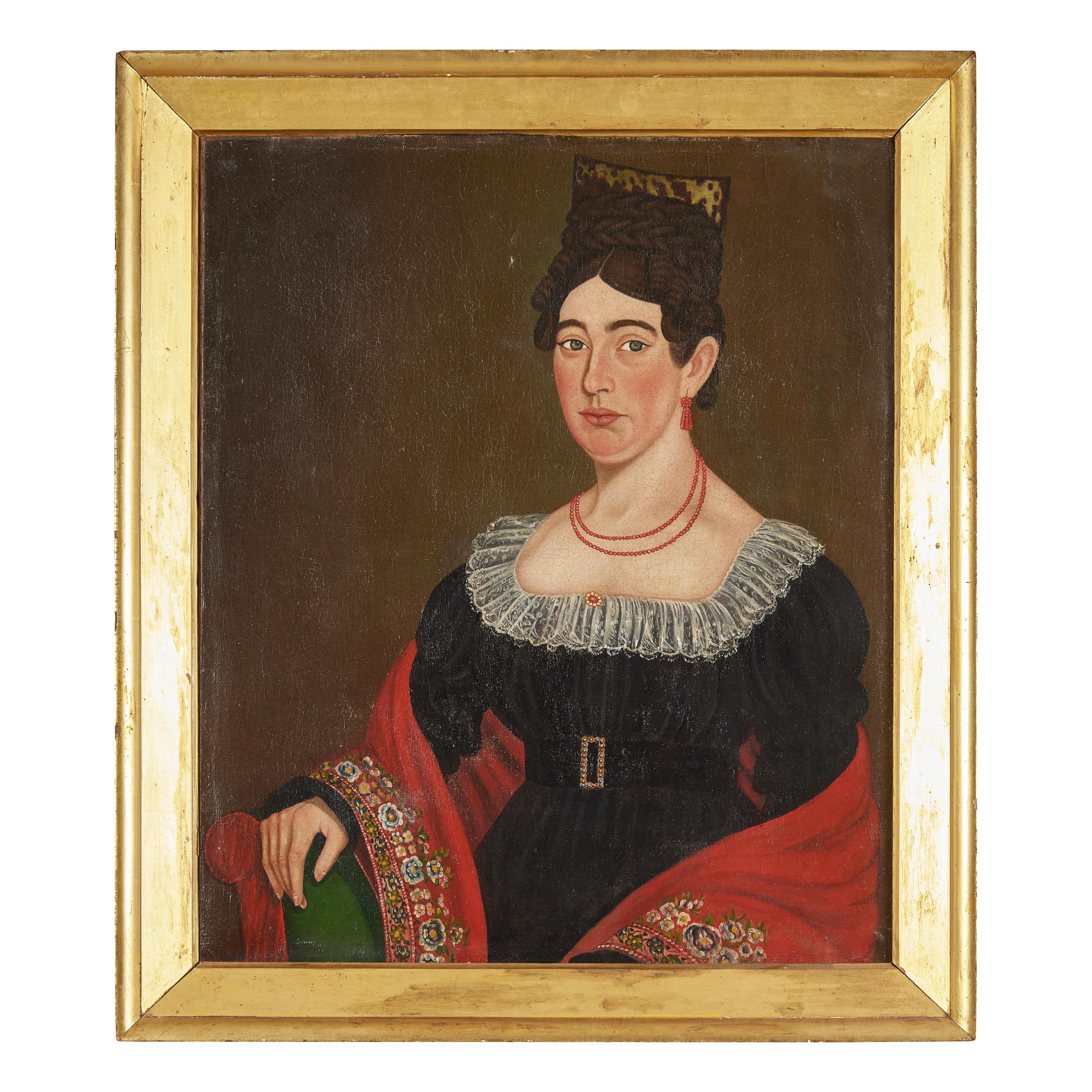 Micah Williams (1782-1837), A Portrait of a Lady with Coral Earrings and Embroidered Shawl