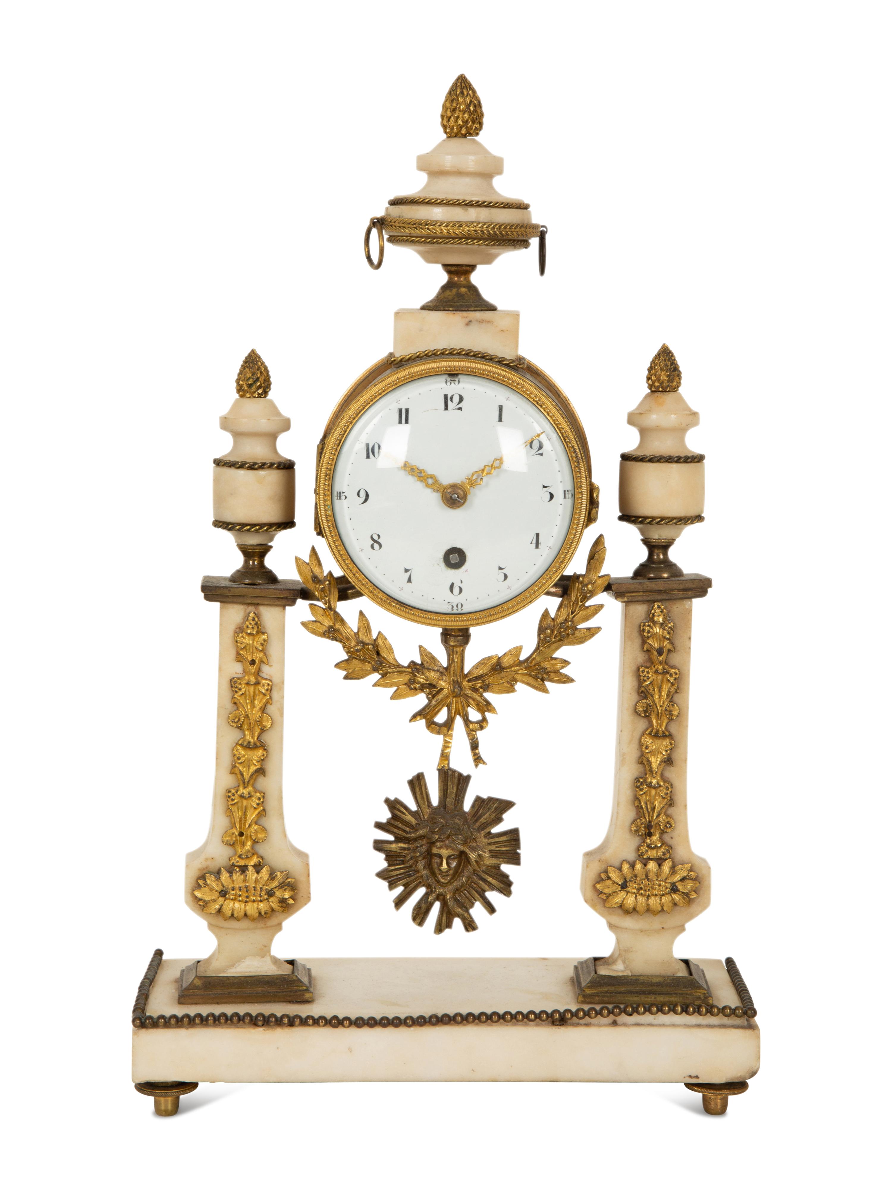 A Neoclassical White Marble and Gilt Bronze Portico Clock