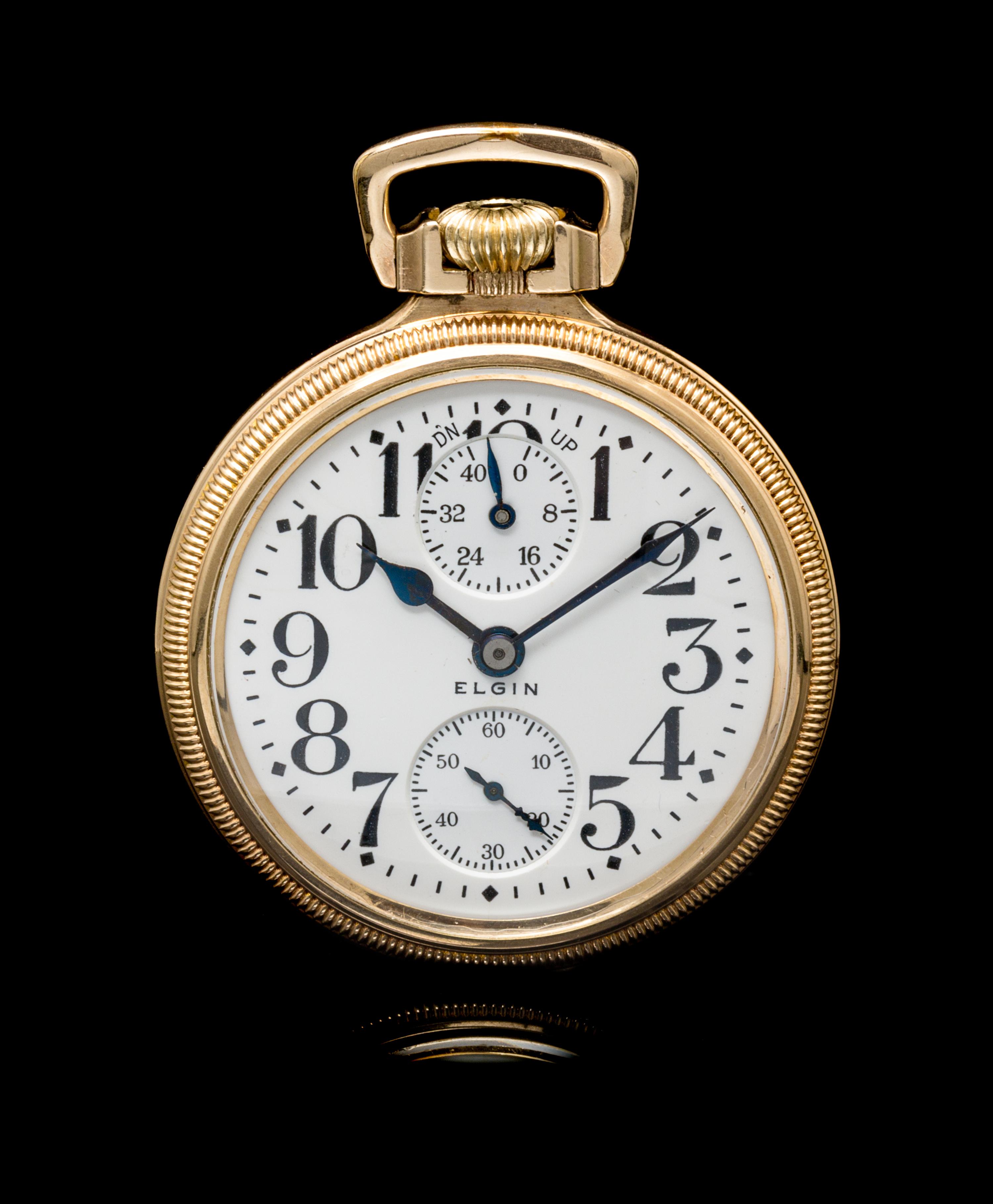 A Collection of Gold Filled Wind Indicator Railroad Open Face Pocket Watches, Elgin and Rockford,