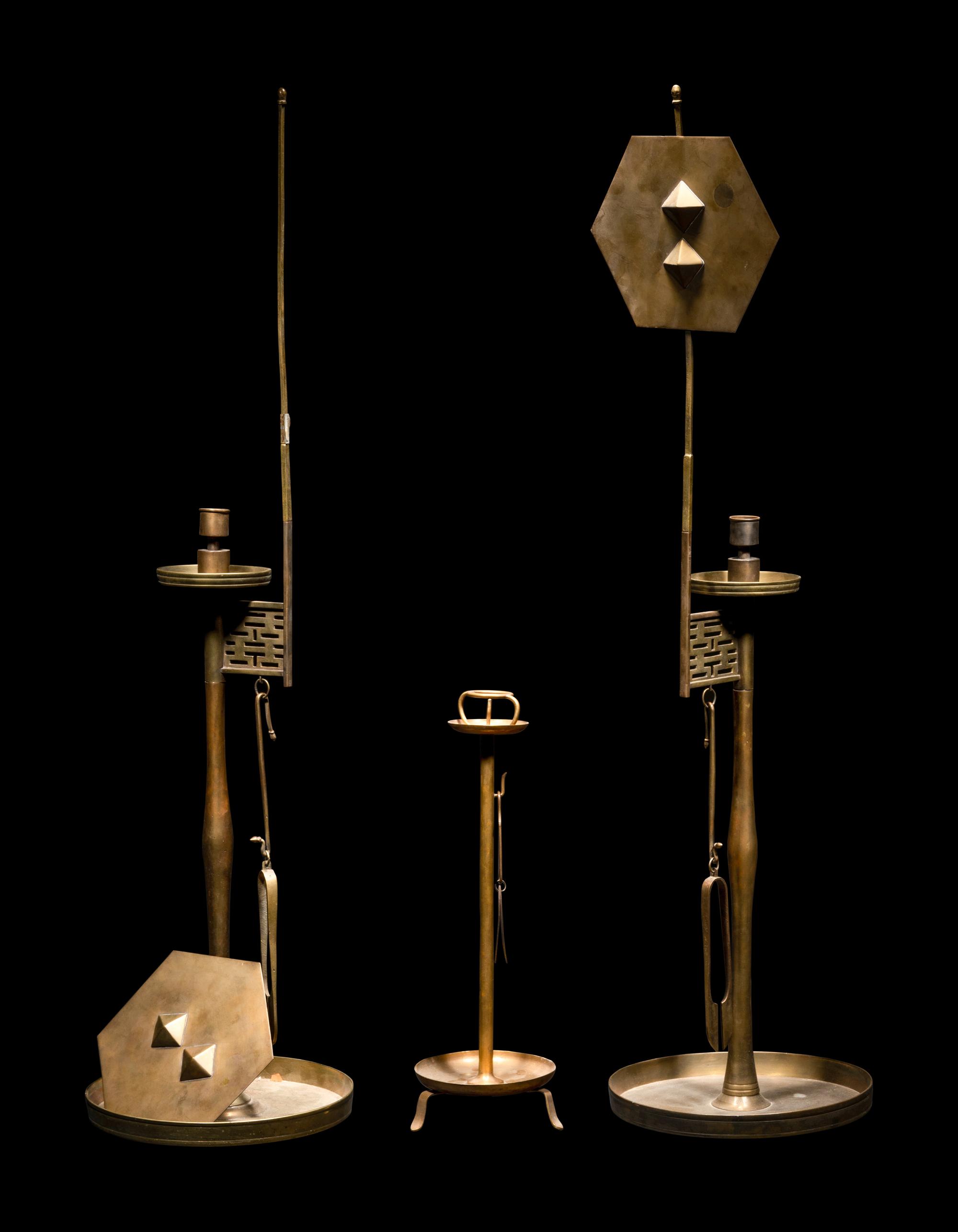 Three Chinese Copper Candlesticks