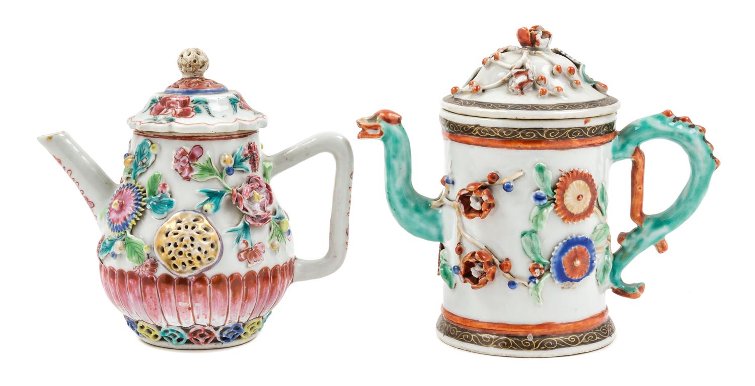 Two Chinese Export Famille Rose Porcelain Teapots Height of taller 5 1/2 inches.