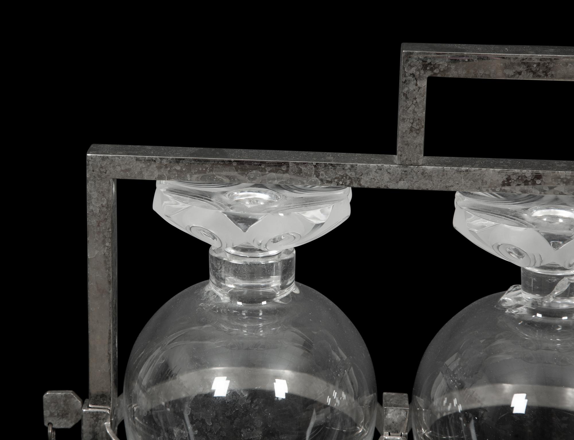 A Lalique Fleurs Silver-Plate and Glass Tantalus