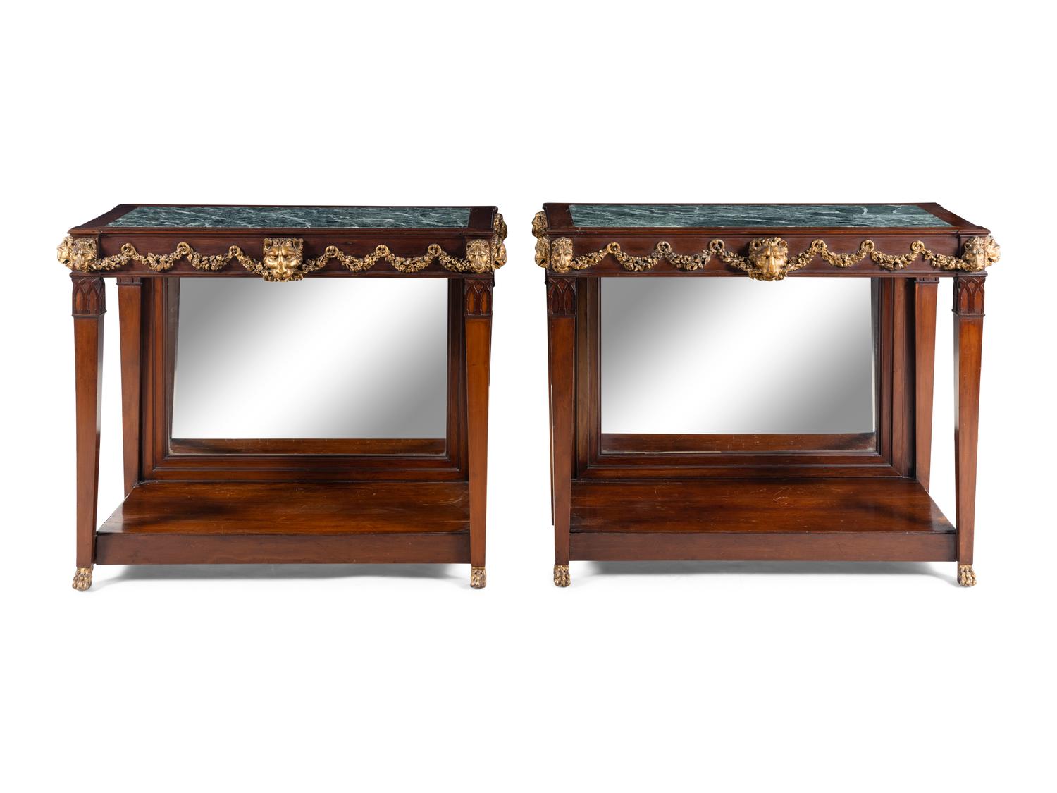 A Pair of Portuguese Gilt Bronze Mounted and Marble-Inset Mahogany Pier Tables