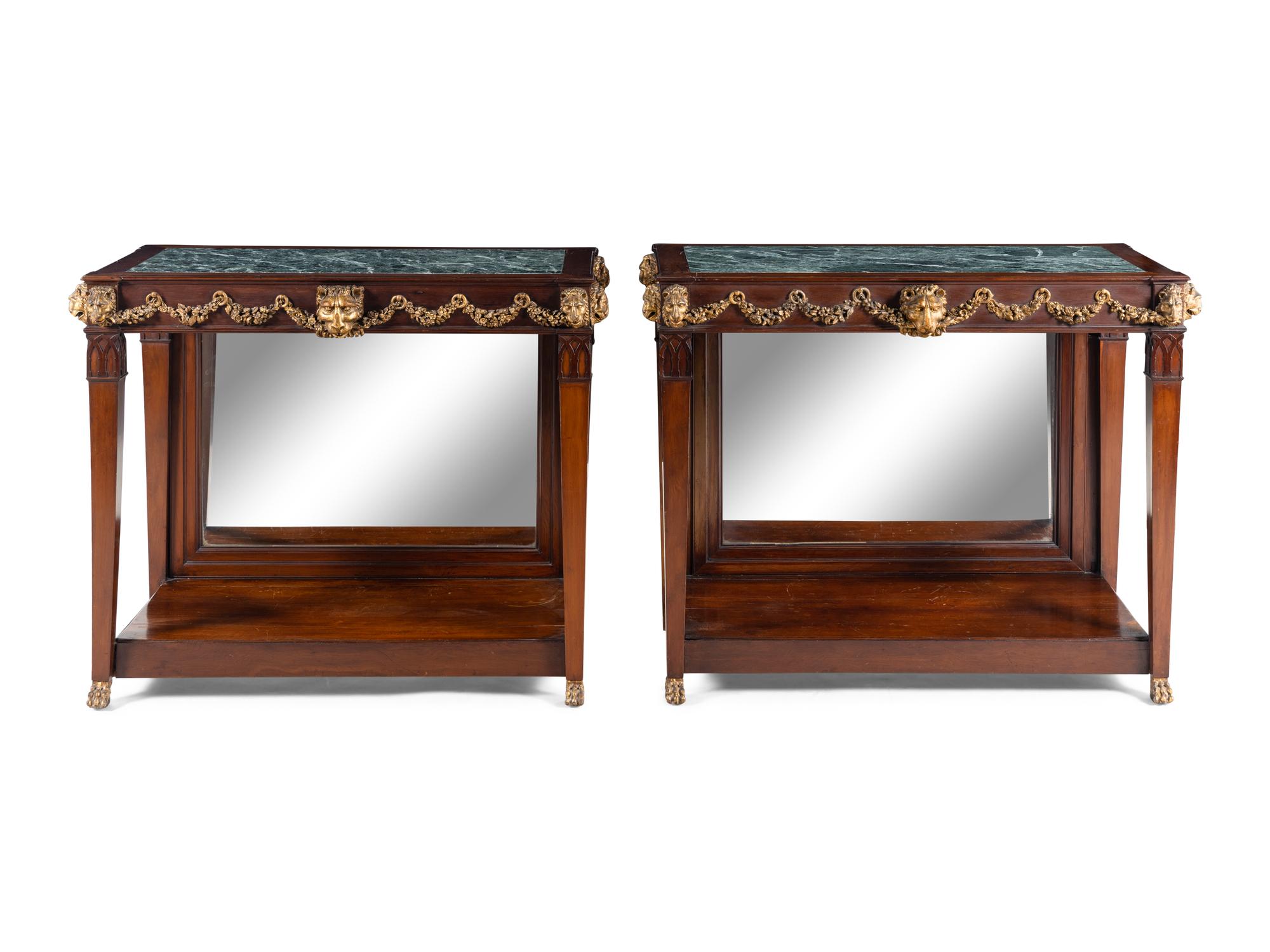 A Pair of Portuguese Gilt Bronze Mounted and Marble-Inset Mahogany Pier Tables