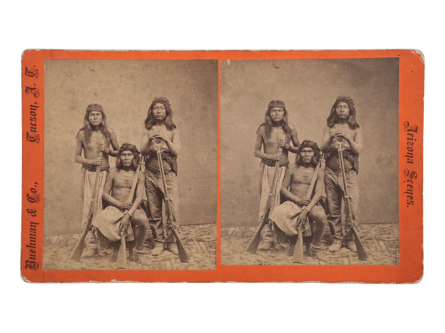 [NATIVE AMERICANS]. BUEHMAN, photographer. Stereoview of Apache Scouts.