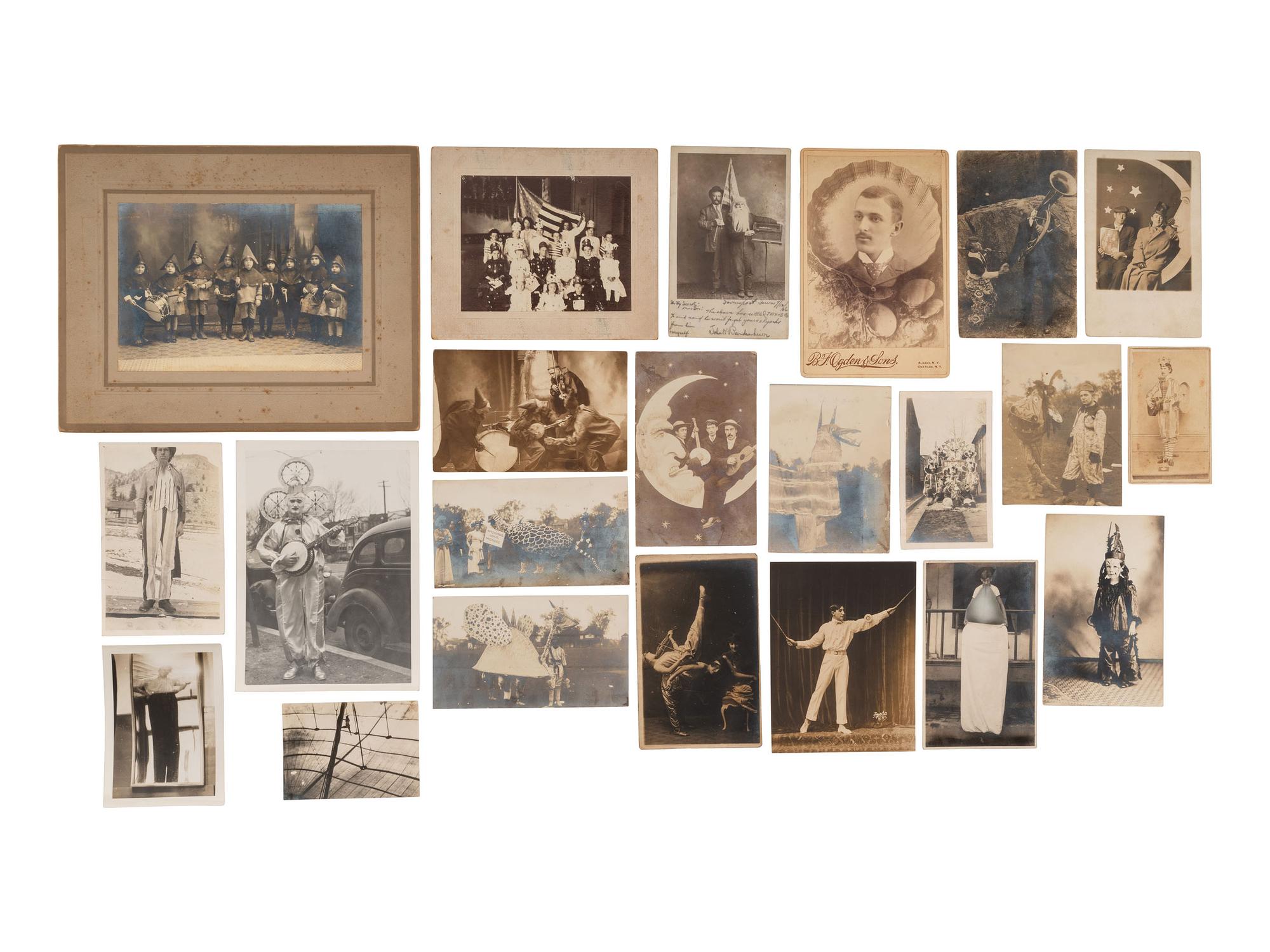 [EARLY PHOTOGRAPHY - CIRCUS ACTS & COSTUMES]. A collection of 50+ quirky and unusual photographs highlighted by circus performers, costumed subjects, and other oddities, including: