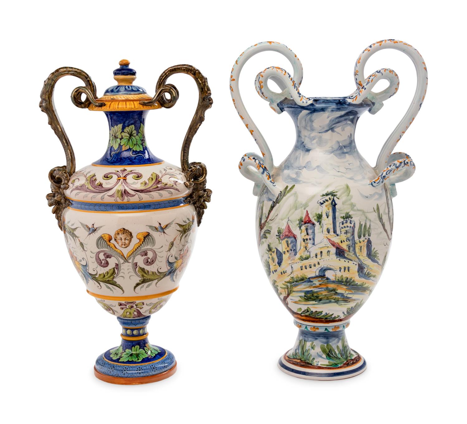 Two Italian Faïence Handled Urns