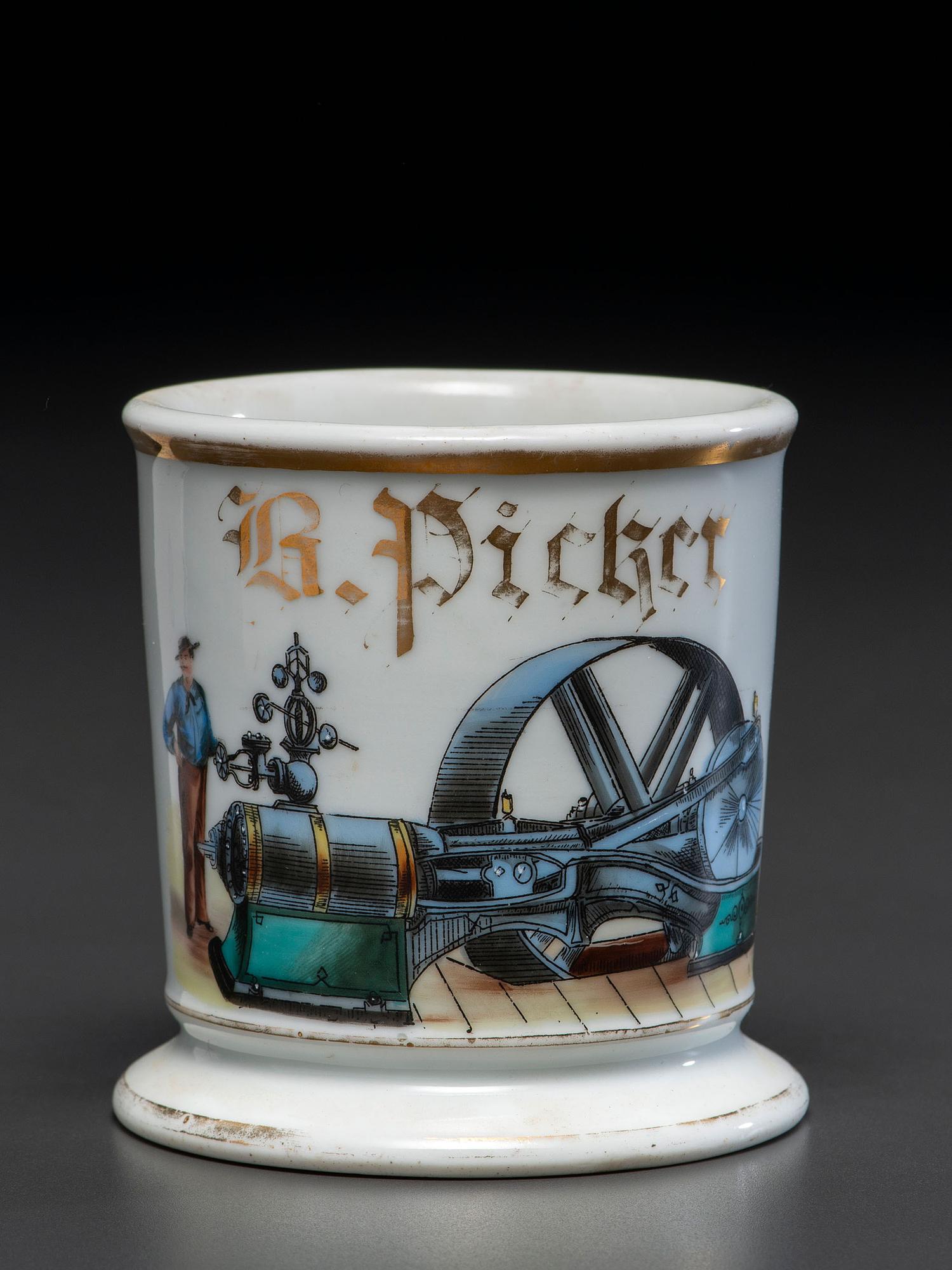 A Porcelain Occupational Shaving Mug Depicting a Steam Engine