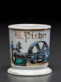 A Porcelain Occupational Shaving Mug Depicting a Steam Engine