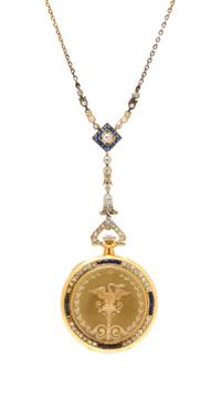 An 18 Karat Yellow Gold, Diamond, Sapphire and Polychrome Enamel Open Face Pendant Watch Necklace, Vacheron Constantin, 20.10 dwts.