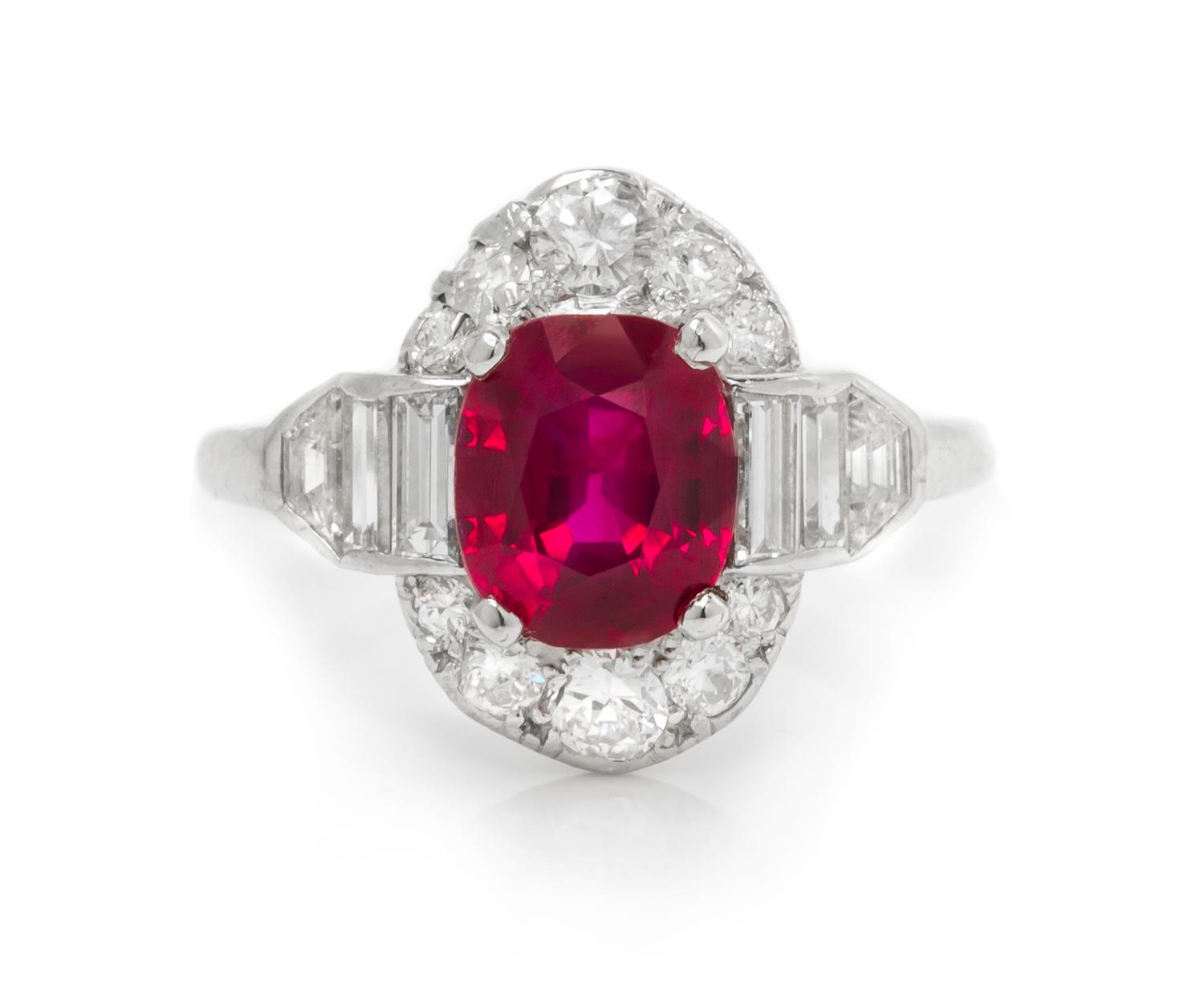 An Art Deco Platinum, Burmese Ruby and Diamond Ring, 3.20 dwts.