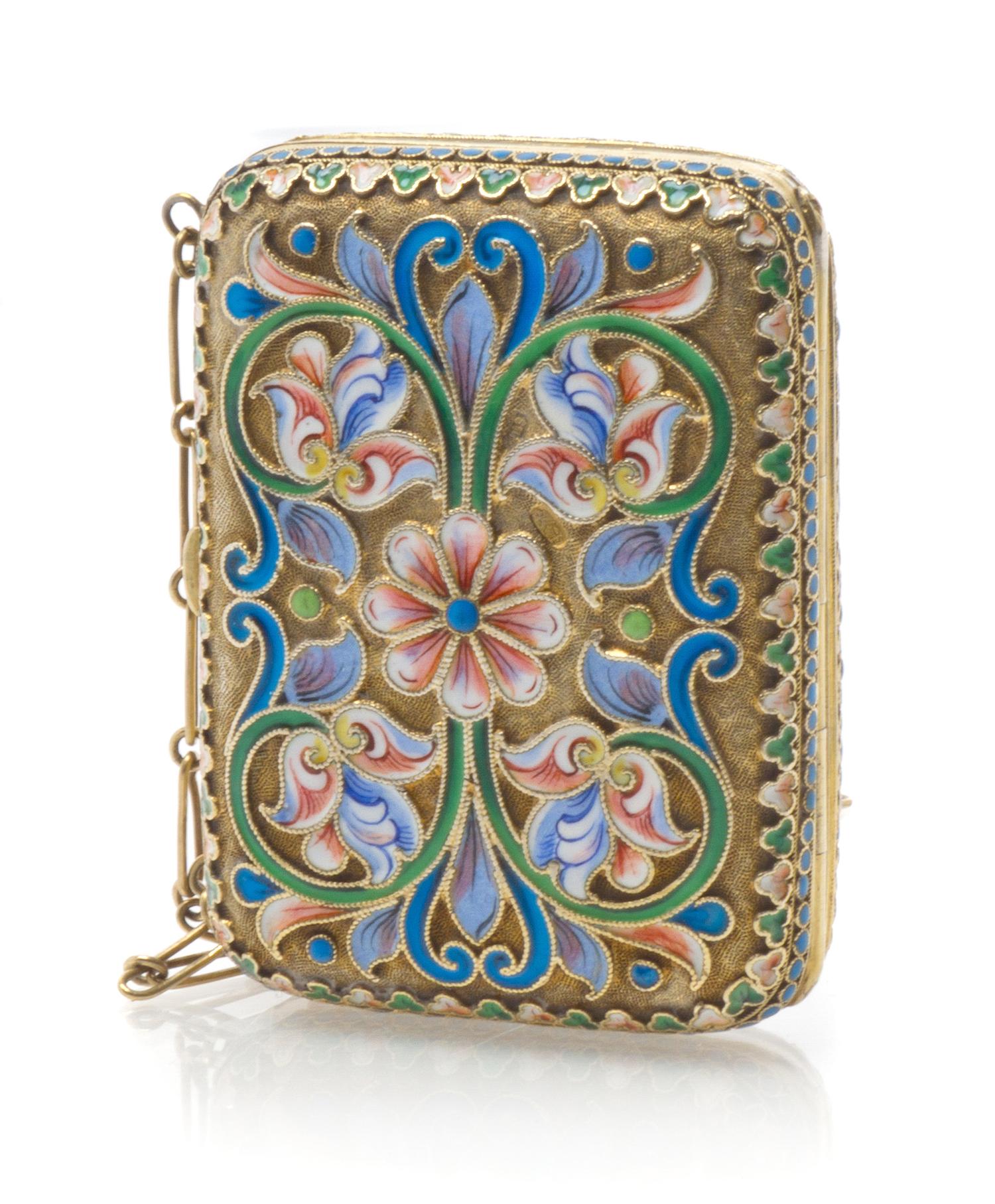 A Russian Silver and Enamel Change Purse, Mark of N. Zverev, kokoshnik mark of Ivan Lebedkin, Moscow, late 19th century, the case havin