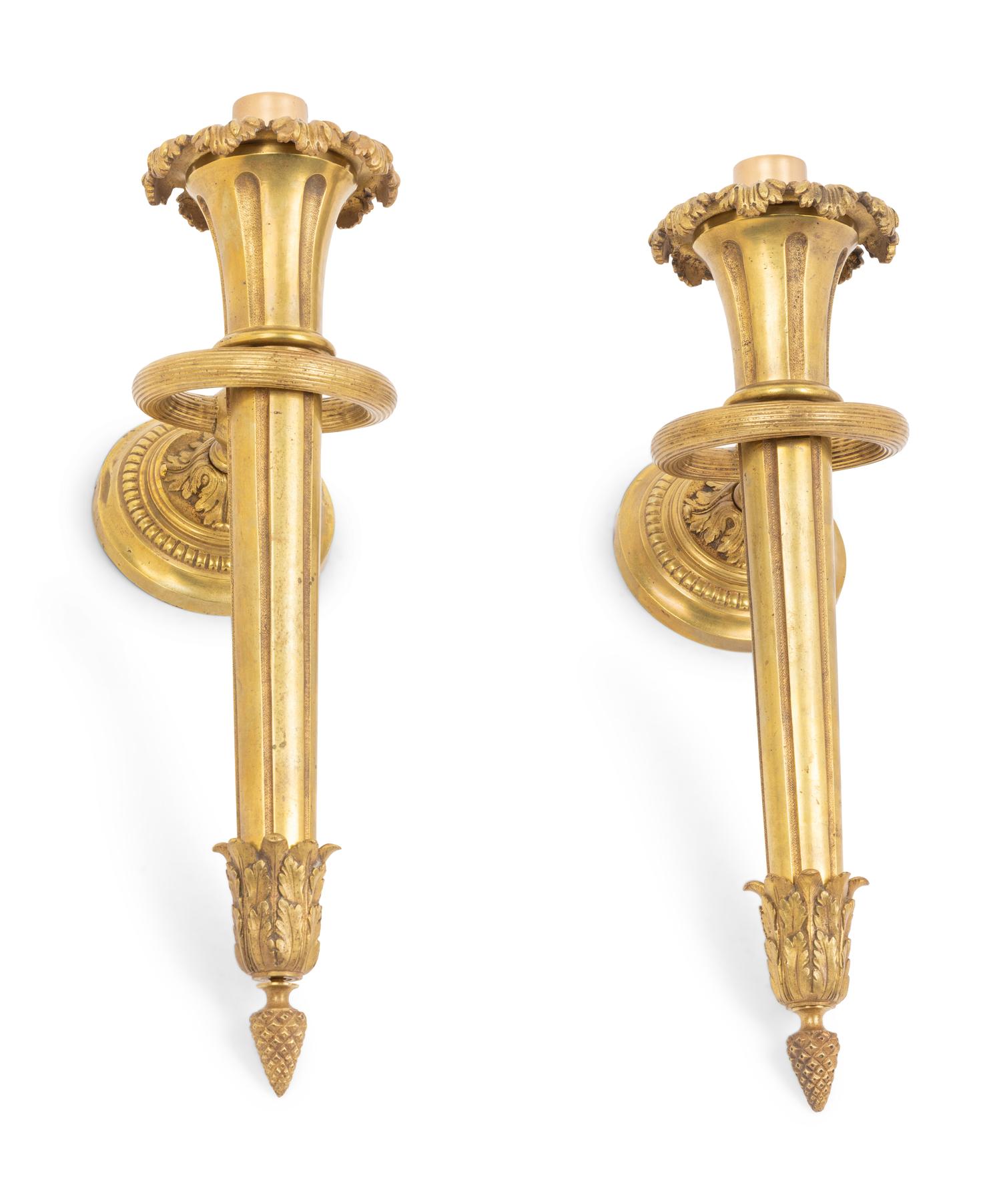 A Pair of Continental Gilt Bronze Single-Light Sconces