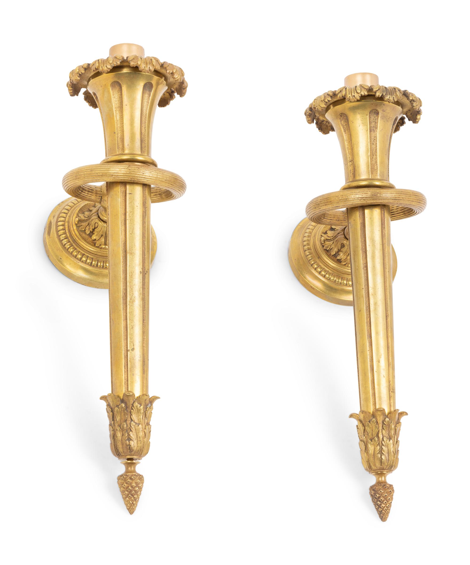 A Pair of Continental Gilt Bronze Single-Light Sconces